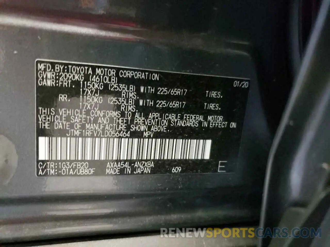 10 fotografías del automóvil dañado JTMF1RFV7LD056464 TOYOTA RAV4 2020