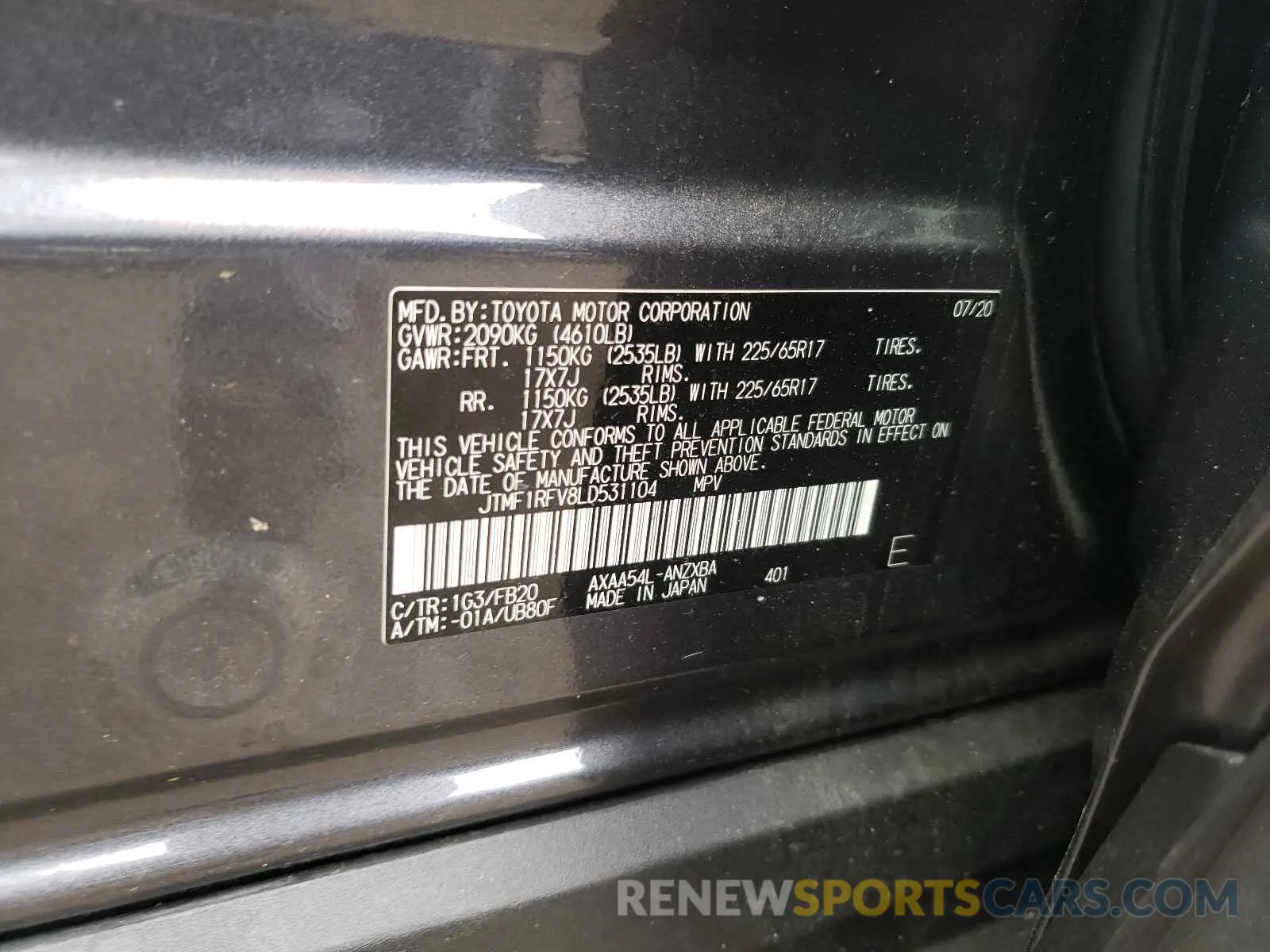 10 fotografías del automóvil dañado JTMF1RFV8LD531104 TOYOTA RAV4 2020