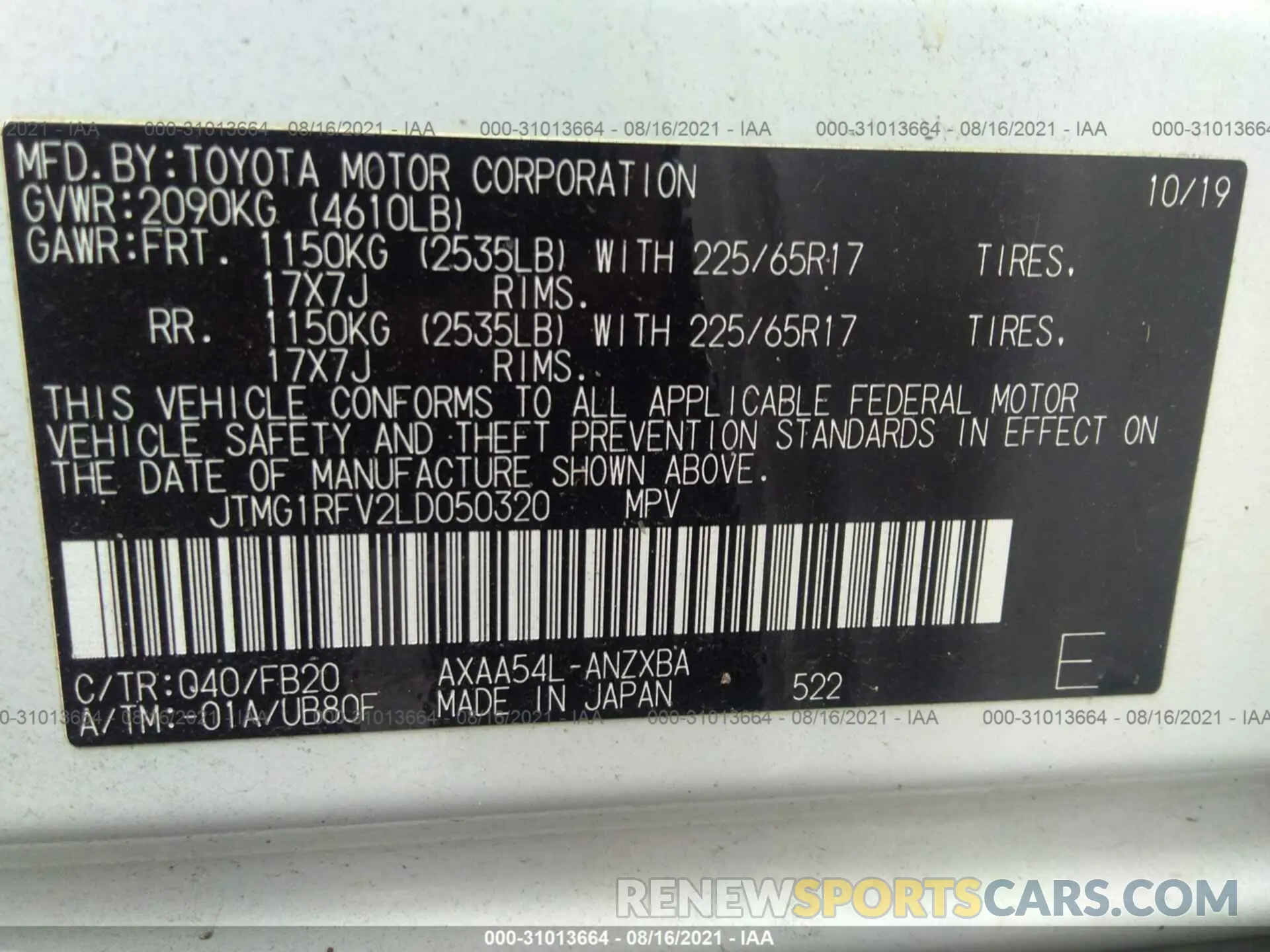 9 fotografías del automóvil dañado JTMG1RFV2LD050320 TOYOTA RAV4 2020