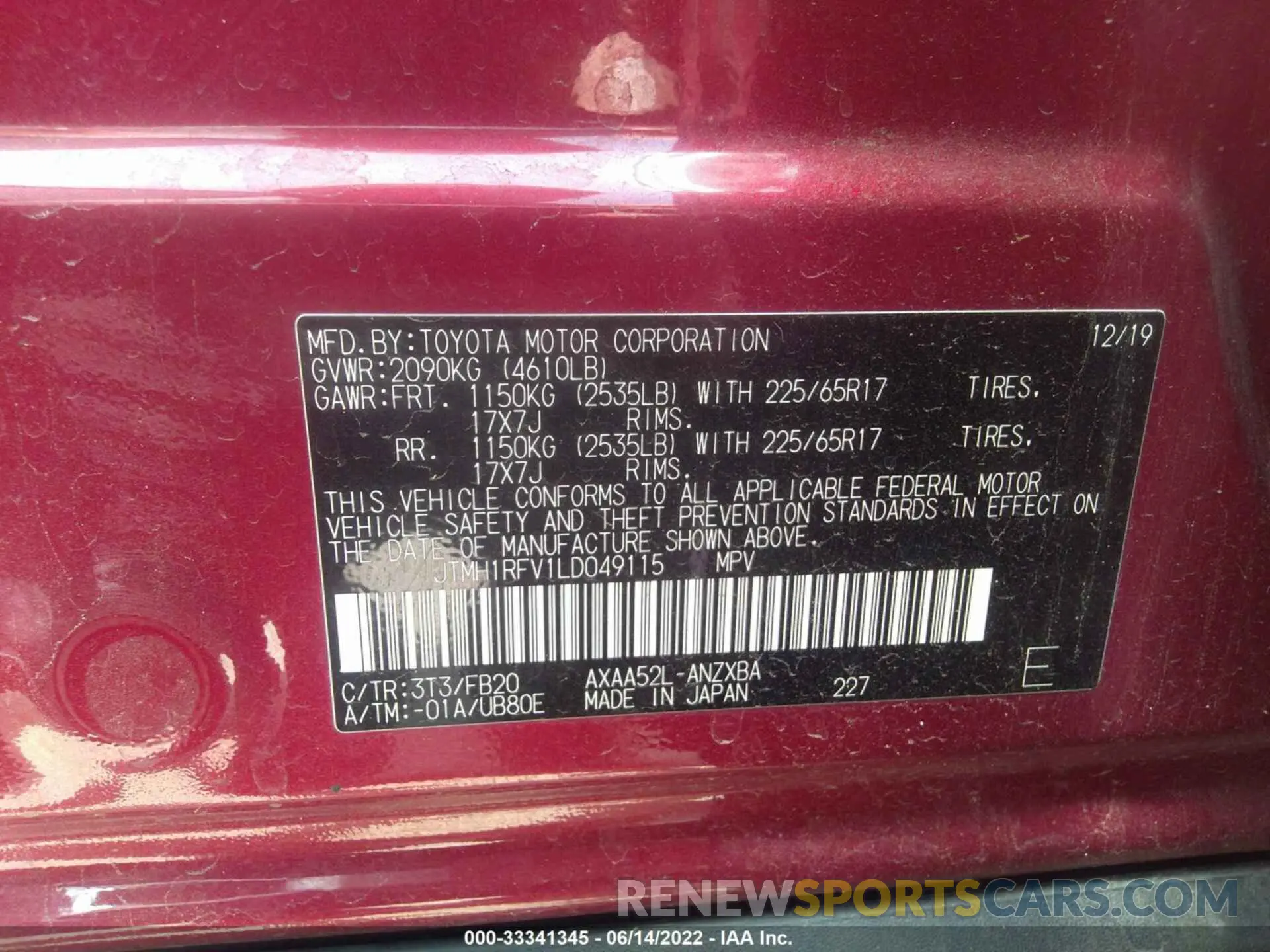 9 fotografías del automóvil dañado JTMH1RFV1LD049115 TOYOTA RAV4 2020