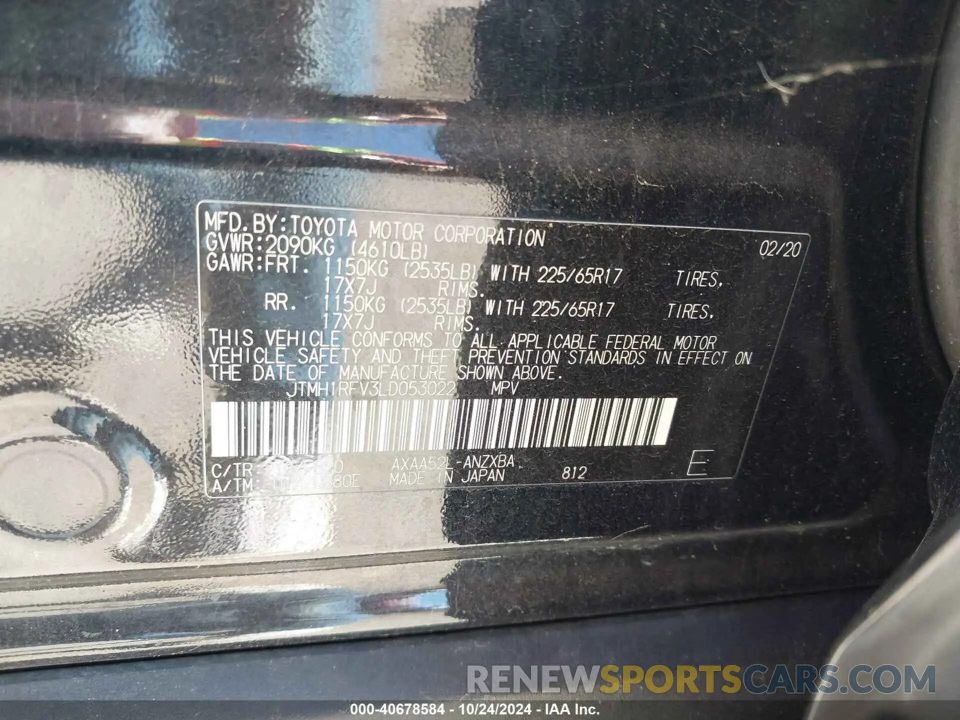 9 fotografías del automóvil dañado JTMH1RFV3LD053022 TOYOTA RAV4 2020