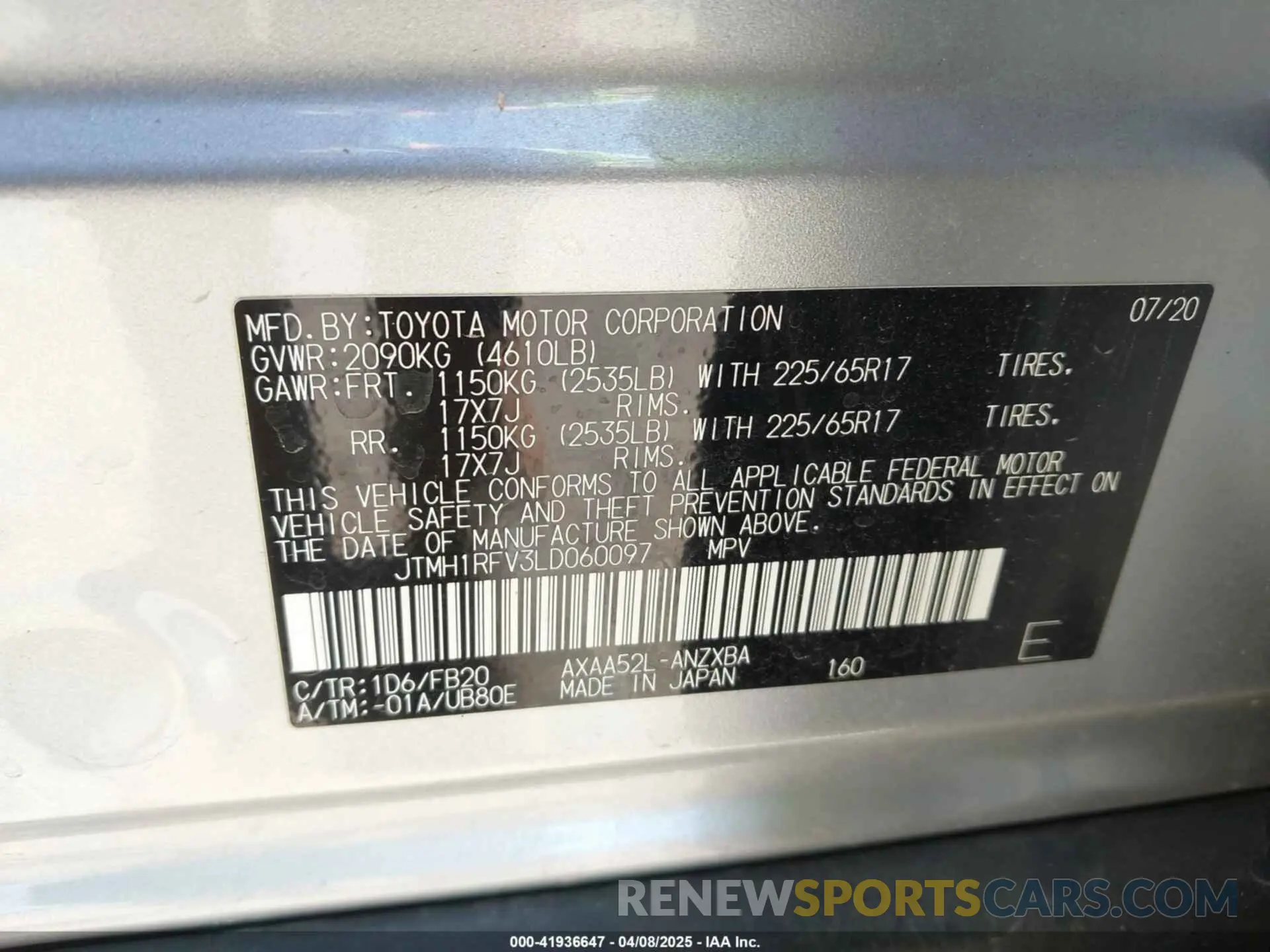 9 fotografías del automóvil dañado JTMH1RFV3LD060097 TOYOTA RAV4 2020