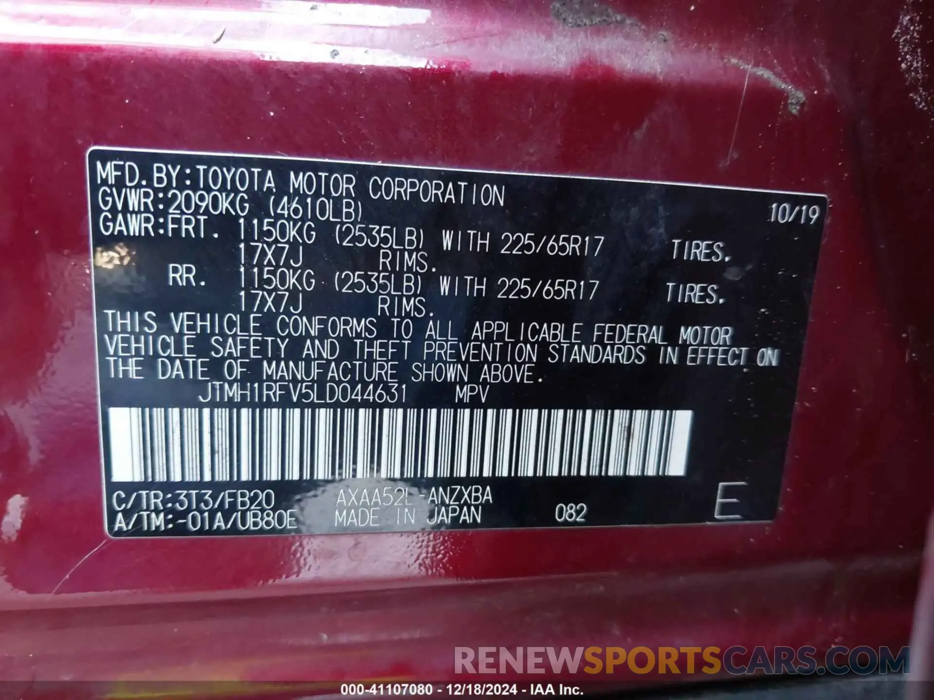 9 fotografías del automóvil dañado JTMH1RFV5LD044631 TOYOTA RAV4 2020
