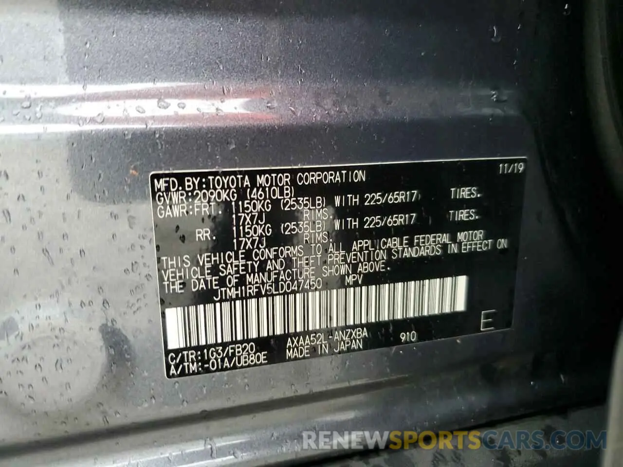 13 fotografías del automóvil dañado JTMH1RFV5LD047450 TOYOTA RAV4 2020