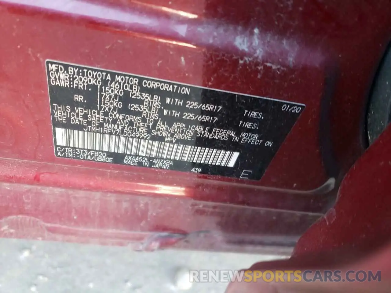 13 fotografías del automóvil dañado JTMH1RFV7LD049992 TOYOTA RAV4 2020