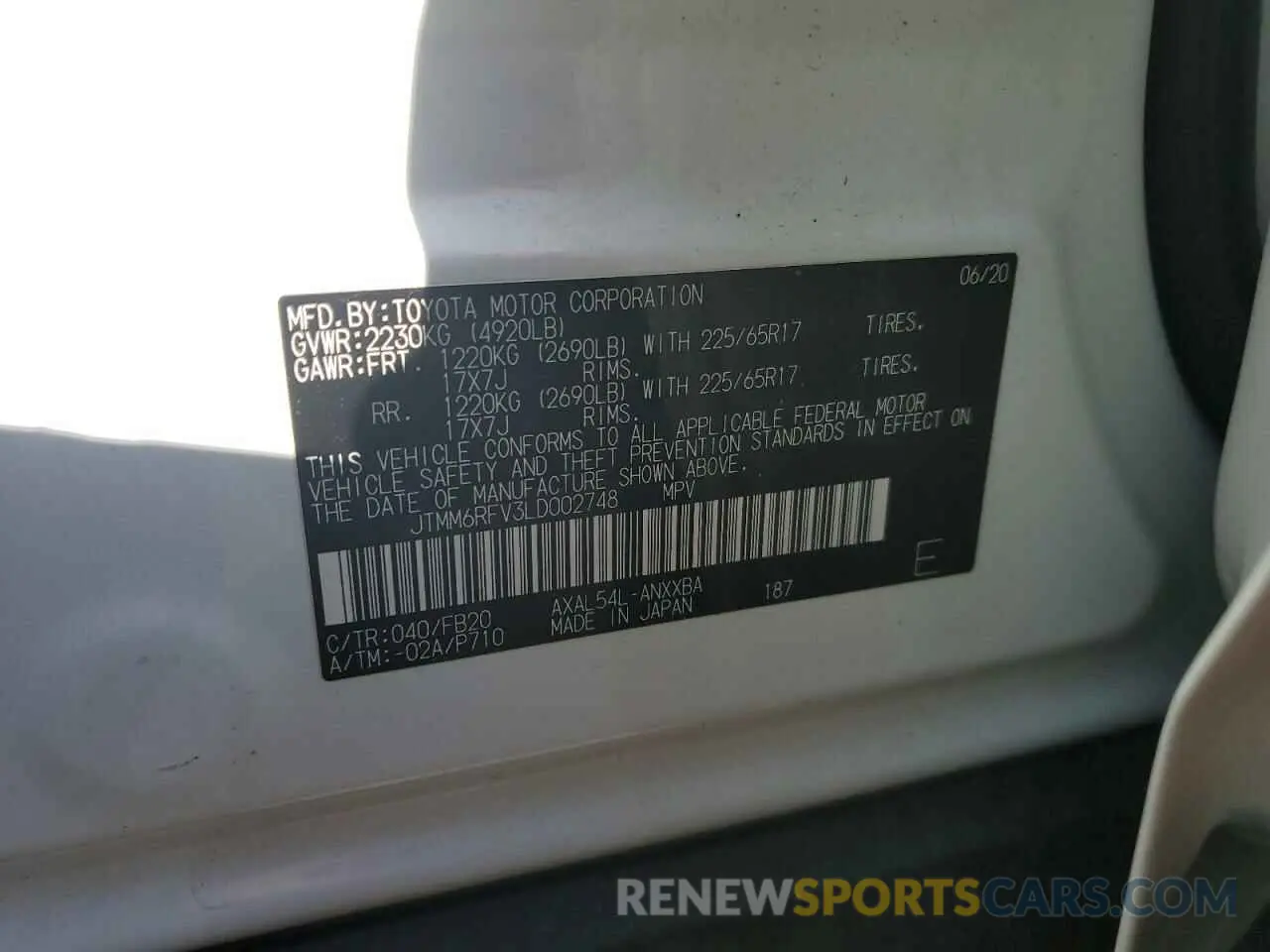 12 fotografías del automóvil dañado JTMM6RFV3LD002748 TOYOTA RAV4 2020
