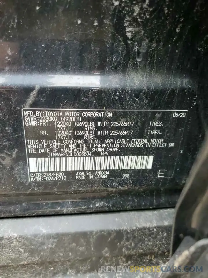 13 fotografías del automóvil dañado JTMM6RFV3LD003804 TOYOTA RAV4 2020