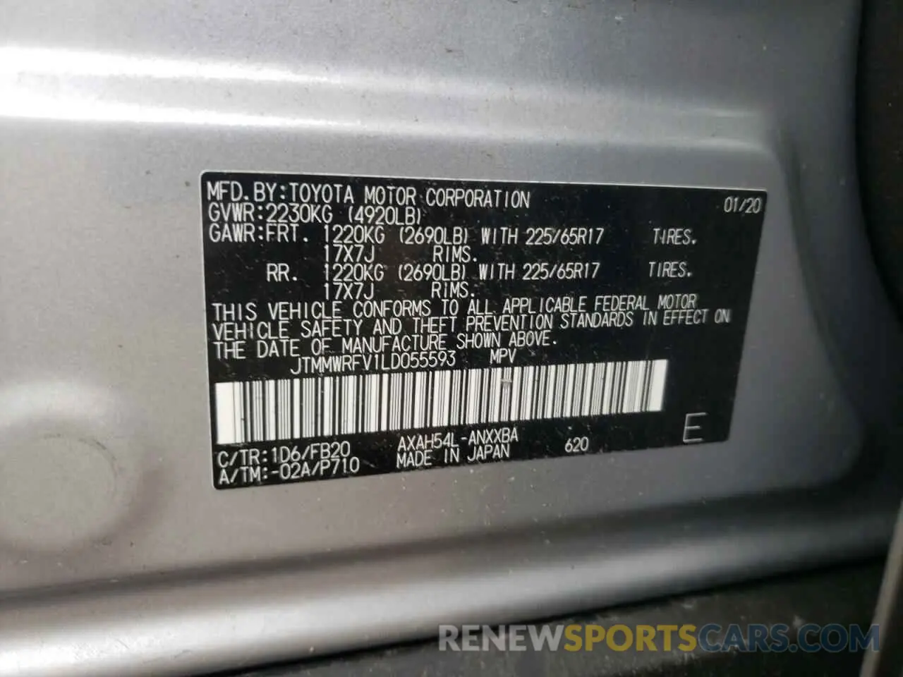 10 fotografías del automóvil dañado JTMMWRFV1LD055593 TOYOTA RAV4 2020