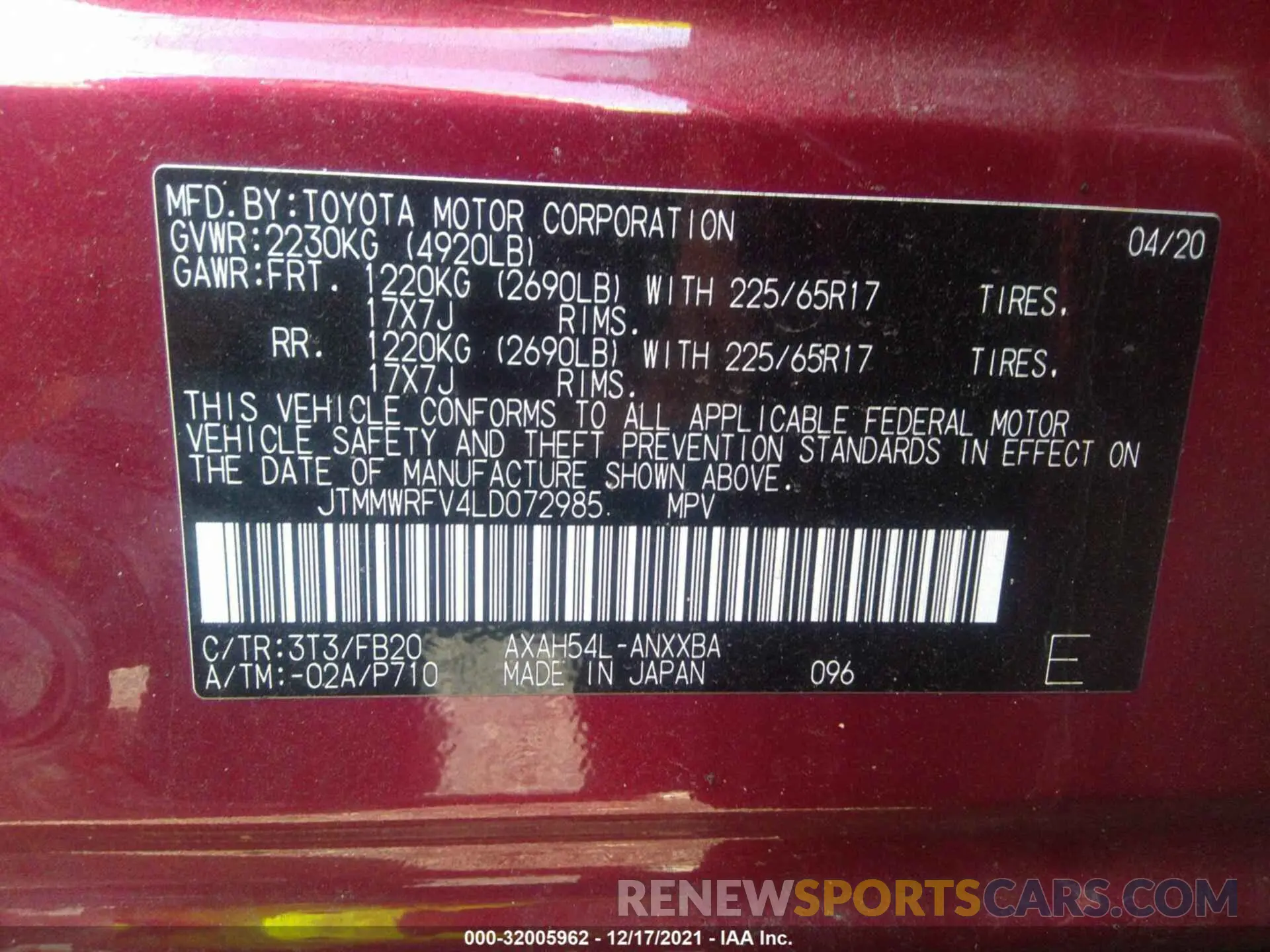 9 fotografías del automóvil dañado JTMMWRFV4LD072985 TOYOTA RAV4 2020