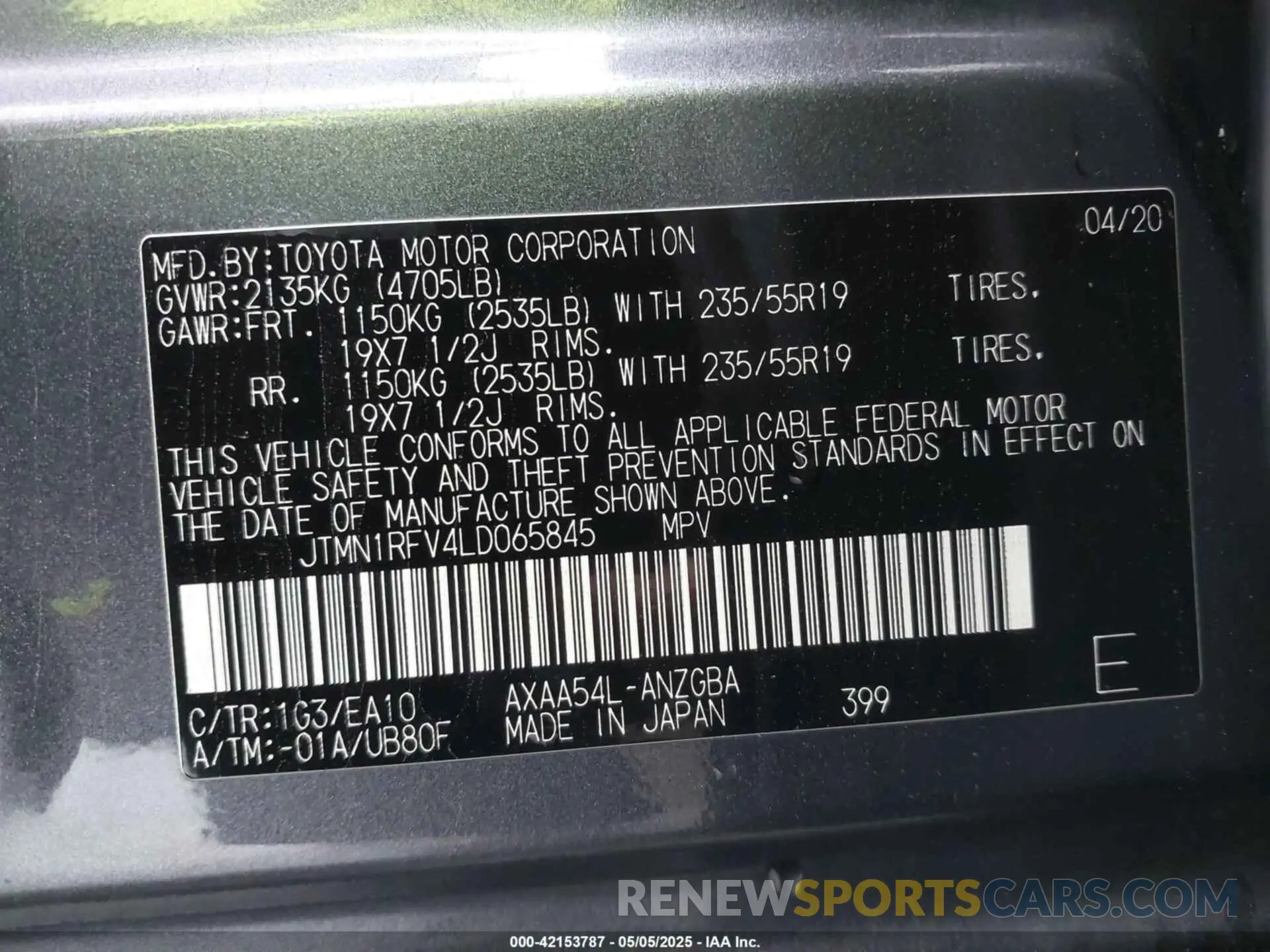 9 fotografías del automóvil dañado JTMN1RFV4LD065845 TOYOTA RAV4 2020