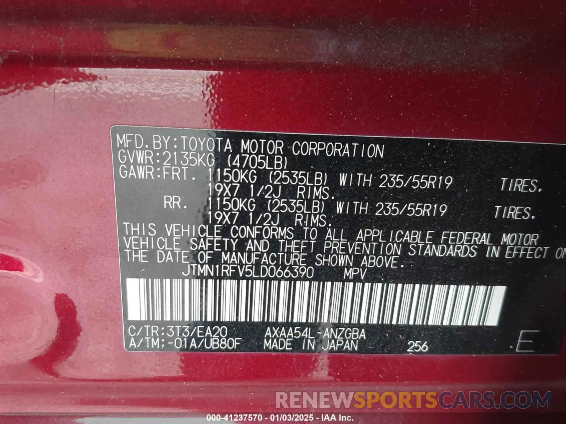 9 fotografías del automóvil dañado JTMN1RFV5LD066390 TOYOTA RAV4 2020