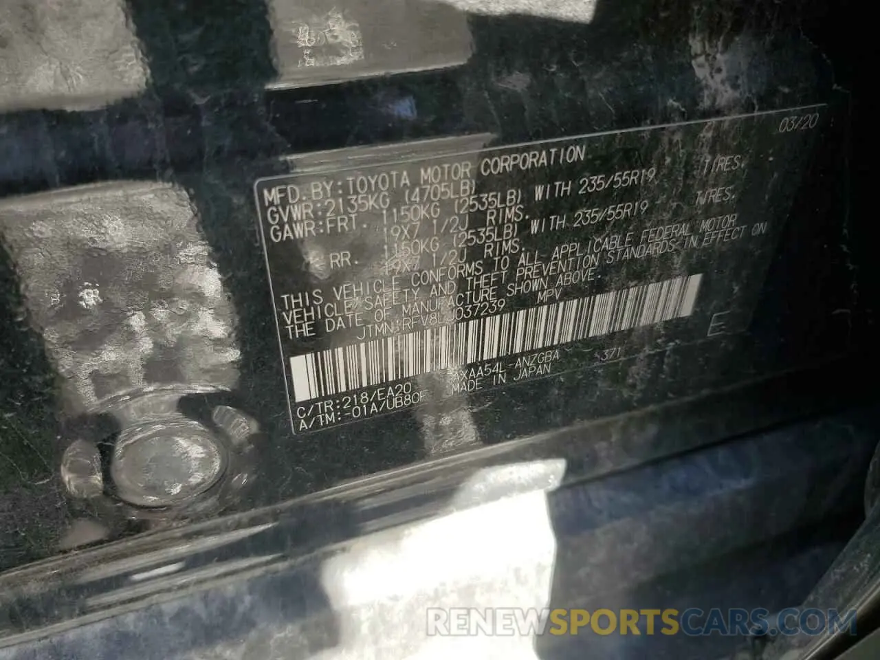 16 fotografías del automóvil dañado JTMN1RFV8LJ037239 TOYOTA RAV4 2020