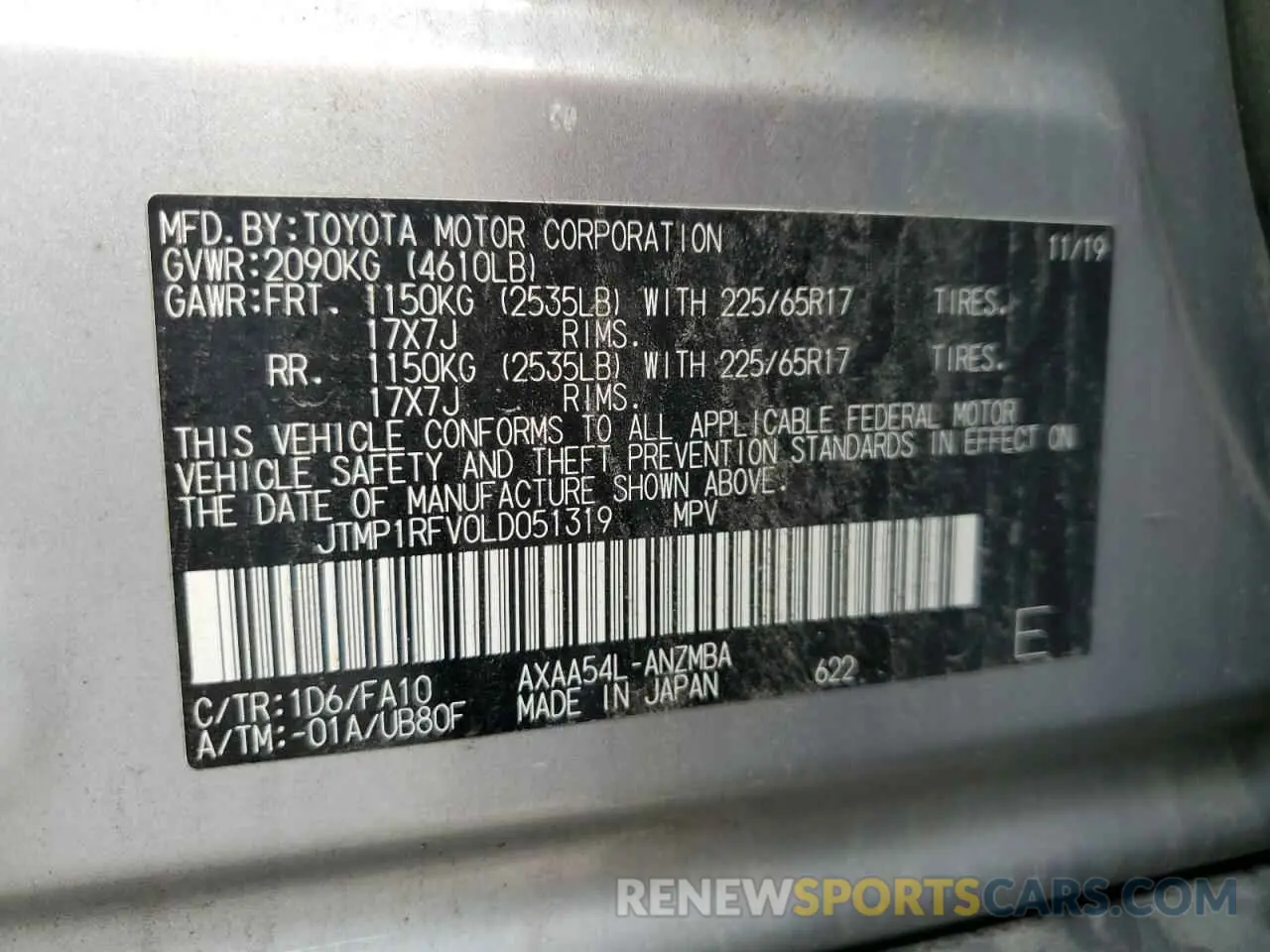 13 fotografías del automóvil dañado JTMP1RFV0LD051319 TOYOTA RAV4 2020
