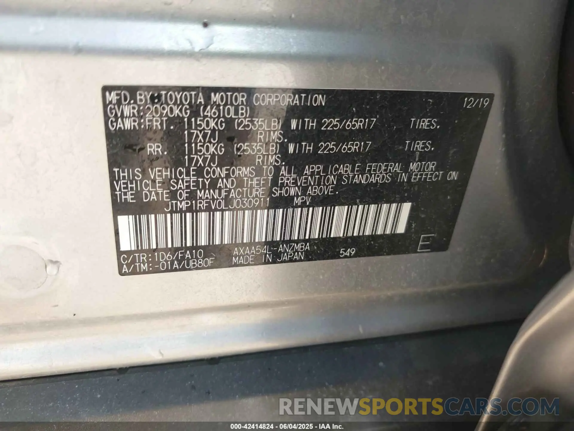9 fotografías del automóvil dañado JTMP1RFV0LJ030911 TOYOTA RAV4 2020