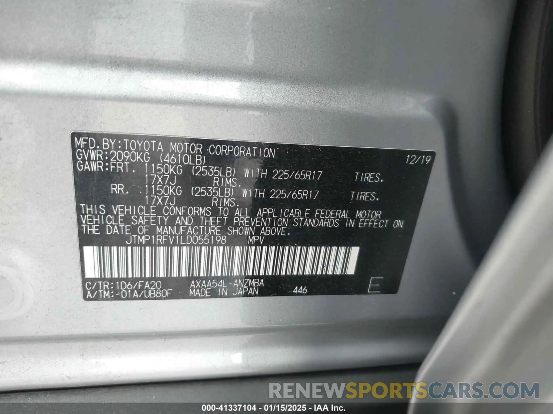 9 fotografías del automóvil dañado JTMP1RFV1LD055198 TOYOTA RAV4 2020
