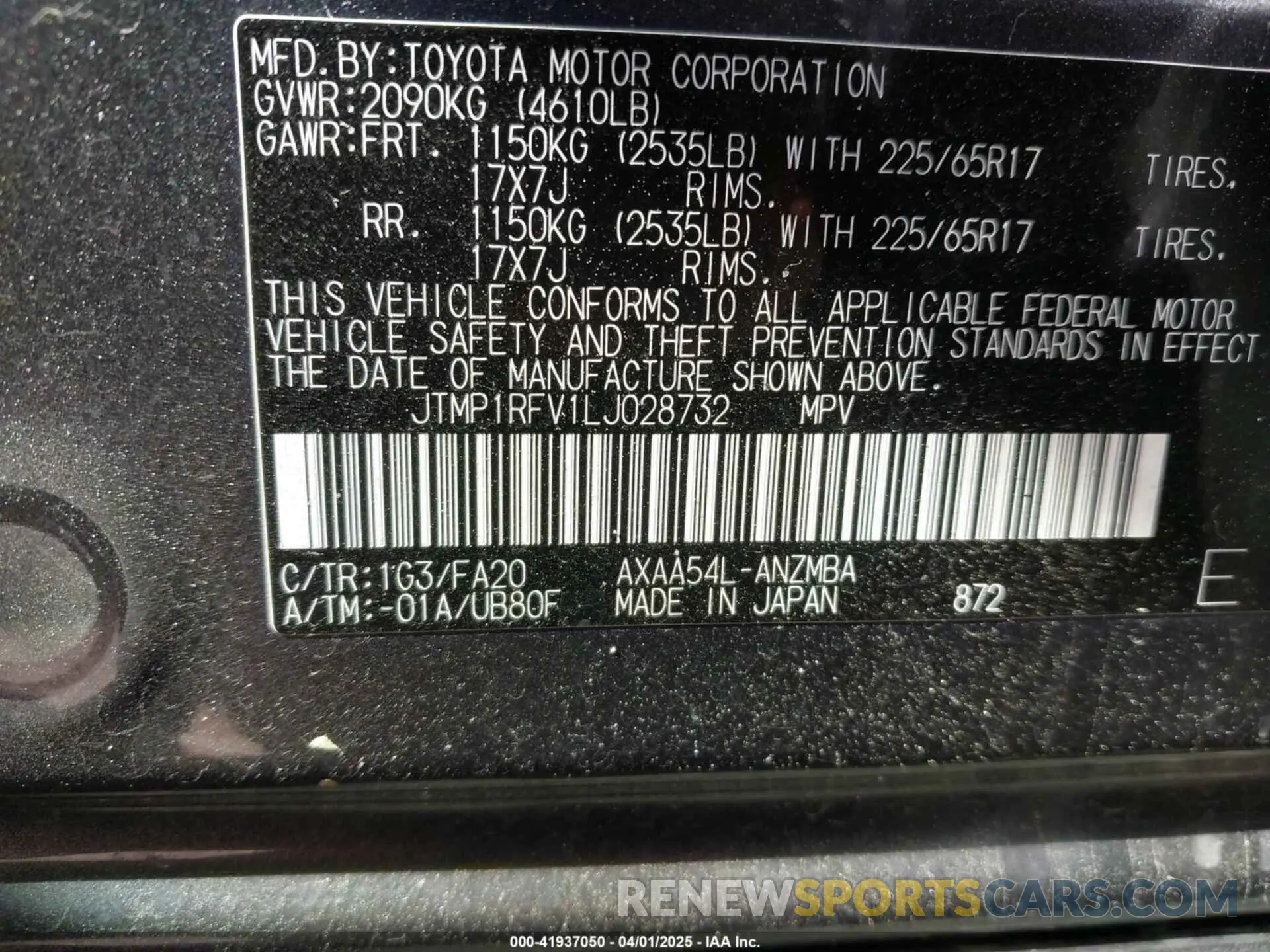 9 fotografías del automóvil dañado JTMP1RFV1LJ028732 TOYOTA RAV4 2020