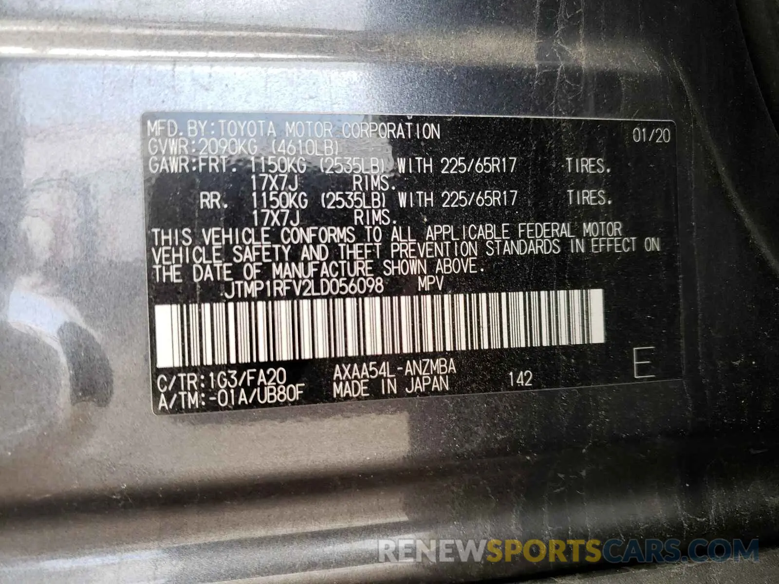 10 fotografías del automóvil dañado JTMP1RFV2LD056098 TOYOTA RAV4 2020