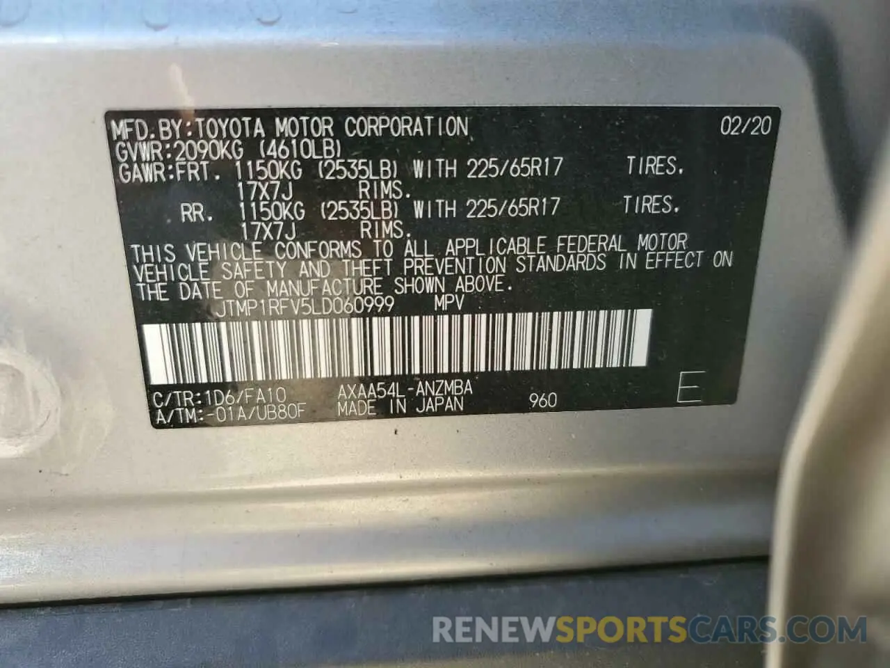 13 fotografías del automóvil dañado JTMP1RFV5LD060999 TOYOTA RAV4 2020