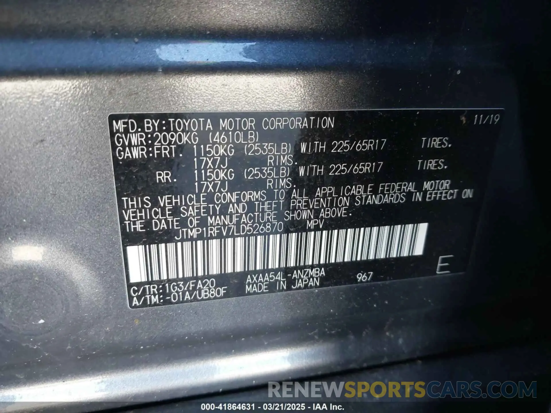 9 fotografías del automóvil dañado JTMP1RFV7LD526870 TOYOTA RAV4 2020