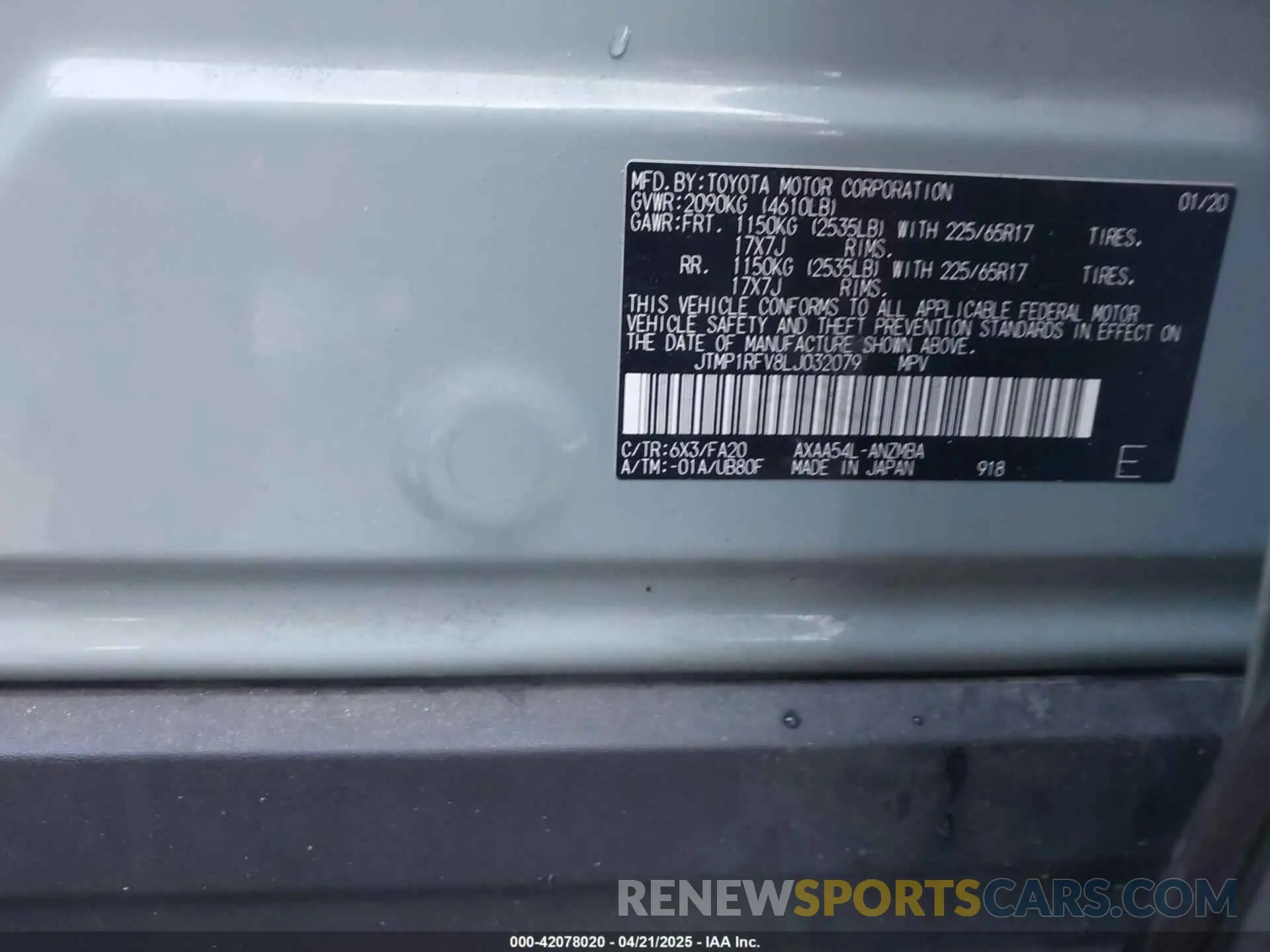 9 fotografías del automóvil dañado JTMP1RFV8LJ032079 TOYOTA RAV4 2020