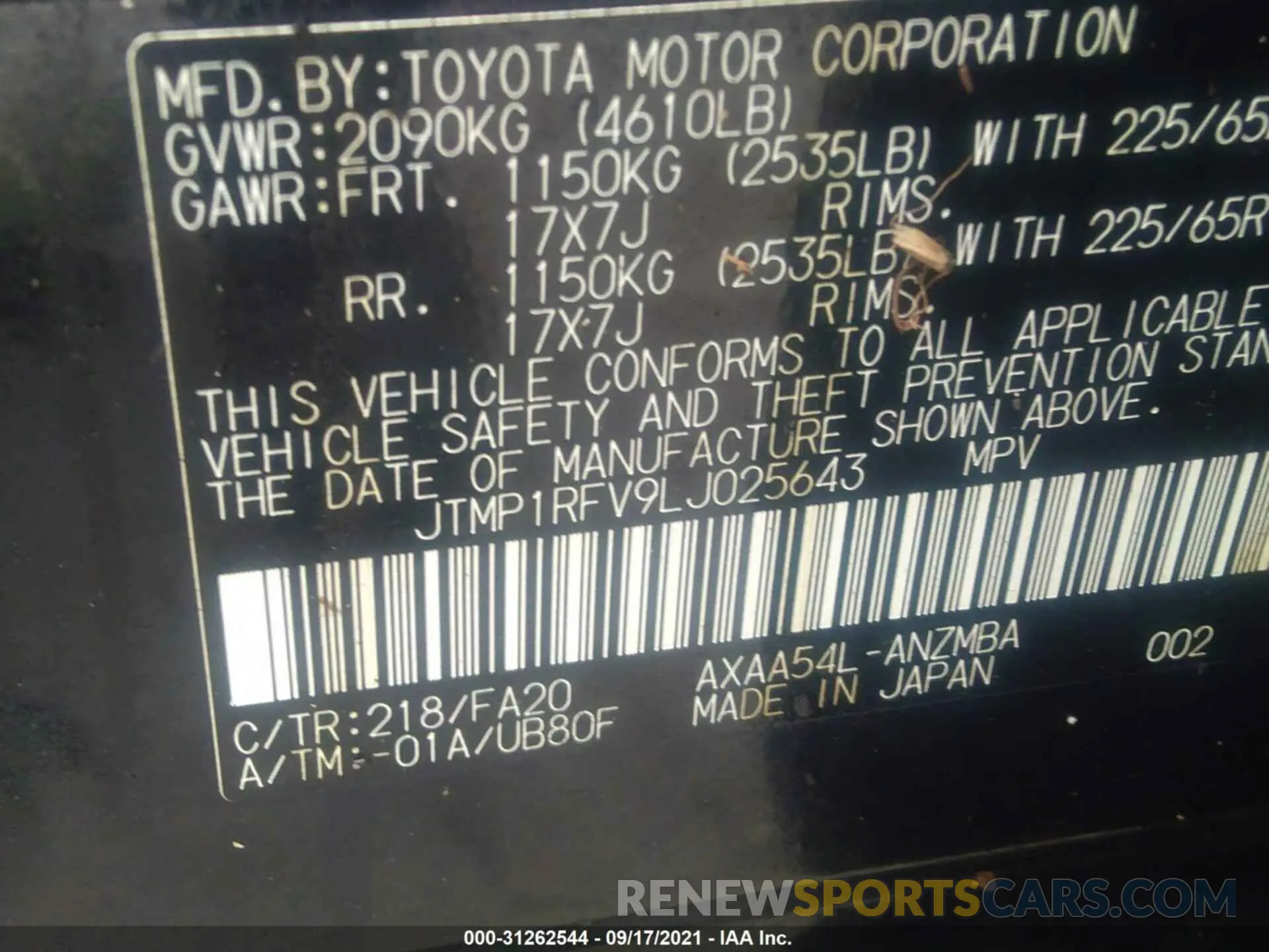 9 fotografías del automóvil dañado JTMP1RFV9LJ025643 TOYOTA RAV4 2020