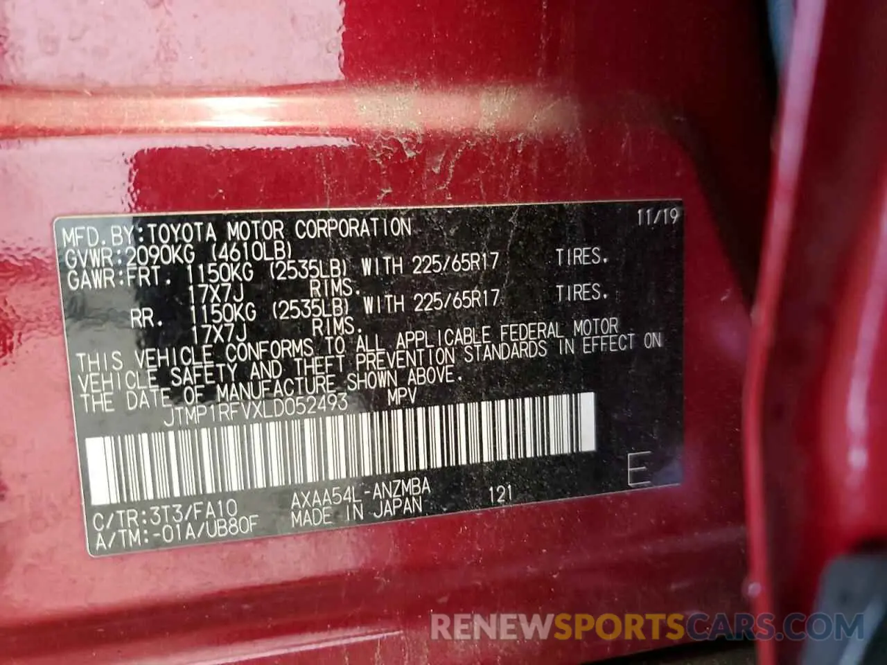 14 fotografías del automóvil dañado JTMP1RFVXLD052493 TOYOTA RAV4 2020
