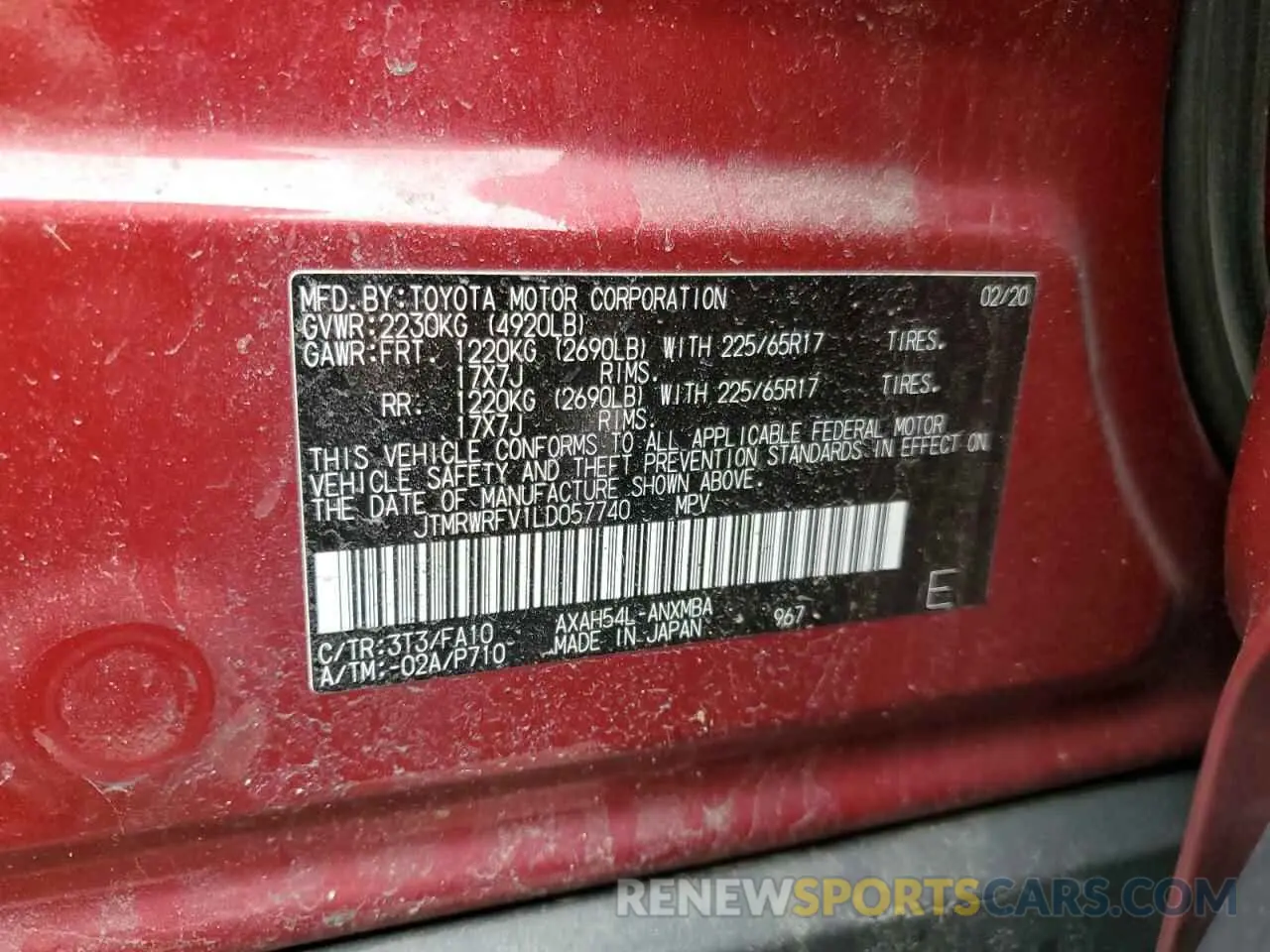 16 fotografías del automóvil dañado JTMRWRFV1LD057740 TOYOTA RAV4 2020