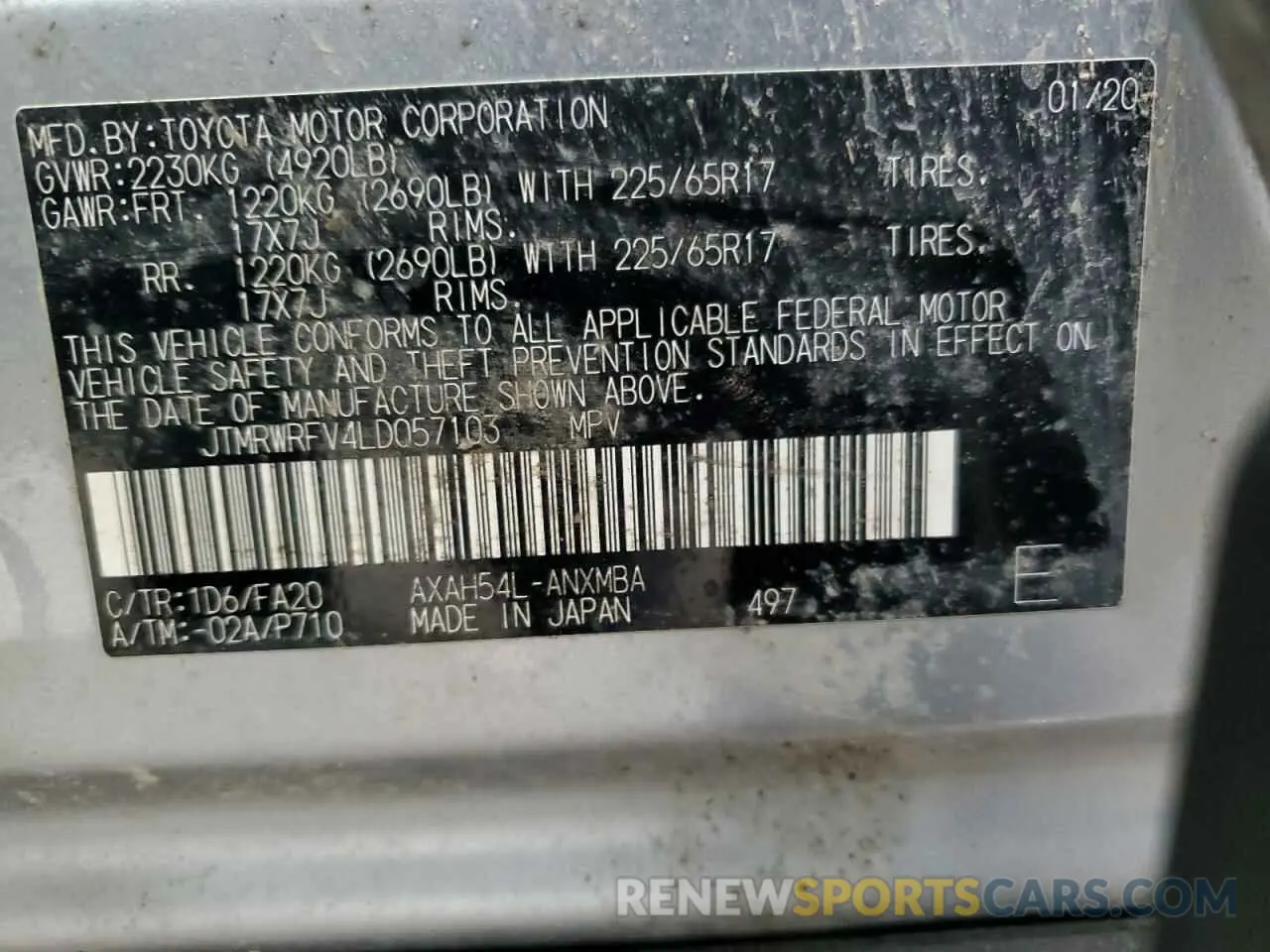 14 fotografías del automóvil dañado JTMRWRFV4LD057103 TOYOTA RAV4 2020