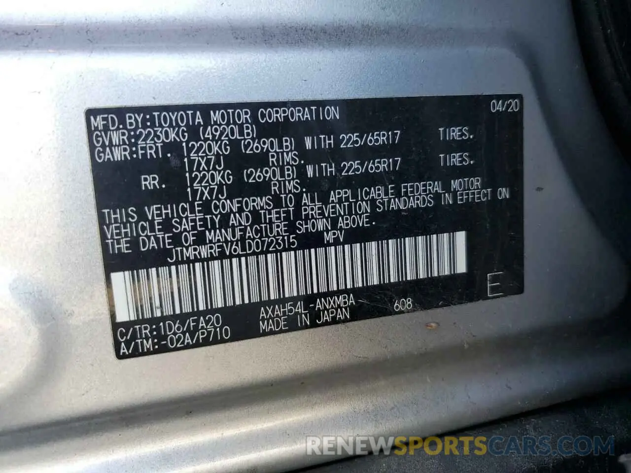 13 fotografías del automóvil dañado JTMRWRFV6LD072315 TOYOTA RAV4 2020