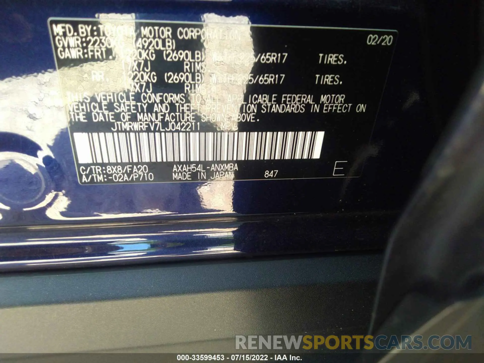 9 fotografías del automóvil dañado JTMRWRFV7LJ042211 TOYOTA RAV4 2020