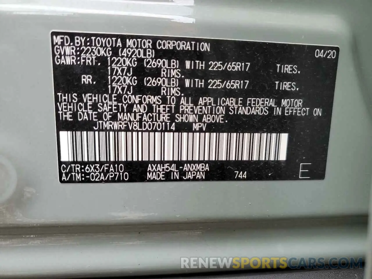 13 fotografías del automóvil dañado JTMRWRFV8LD070114 TOYOTA RAV4 2020