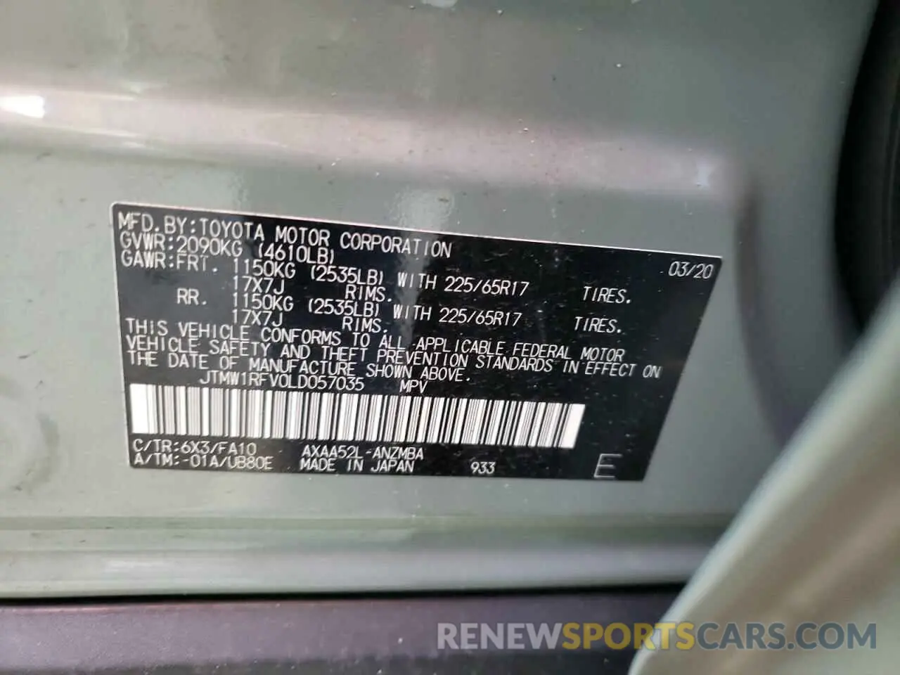 10 fotografías del automóvil dañado JTMW1RFV0LD057035 TOYOTA RAV4 2020