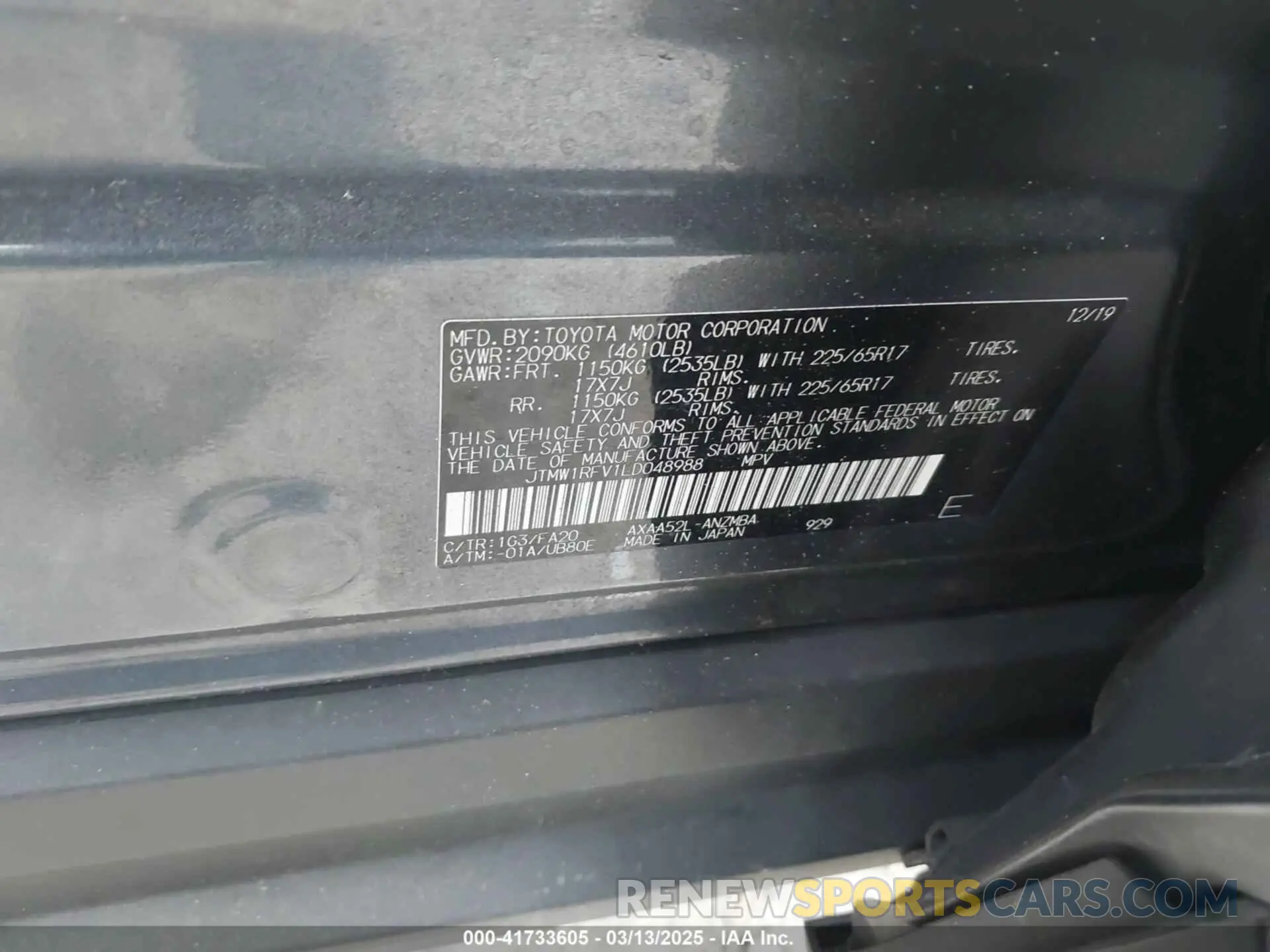 9 fotografías del automóvil dañado JTMW1RFV1LD048988 TOYOTA RAV4 2020