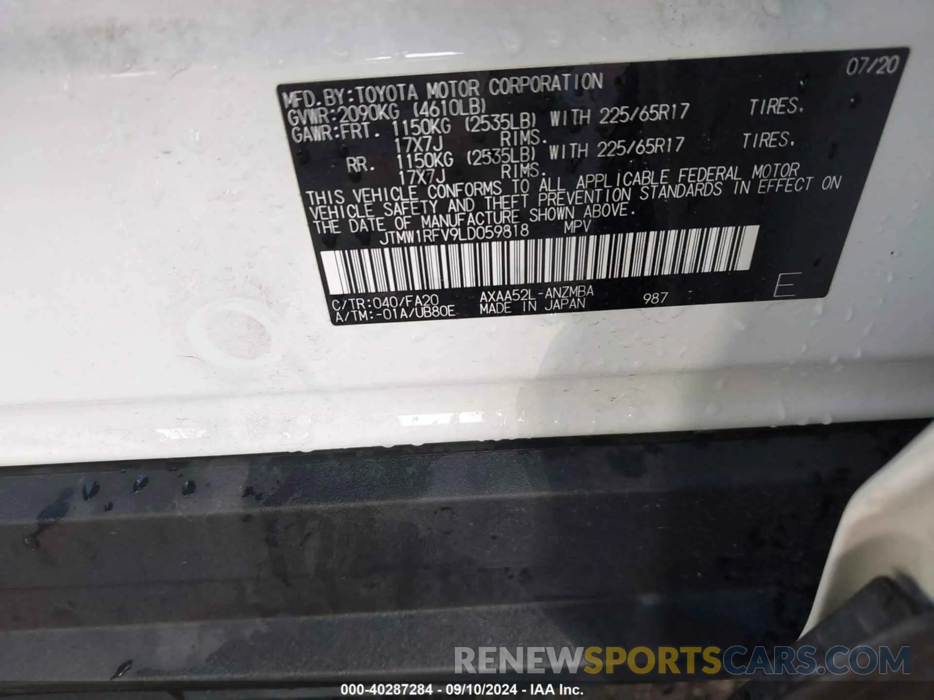 9 fotografías del automóvil dañado JTMW1RFV9LD059818 TOYOTA RAV4 2020