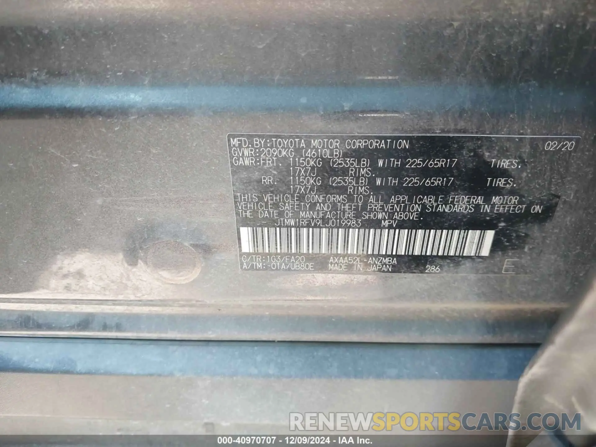9 fotografías del automóvil dañado JTMW1RFV9LJ019983 TOYOTA RAV4 2020