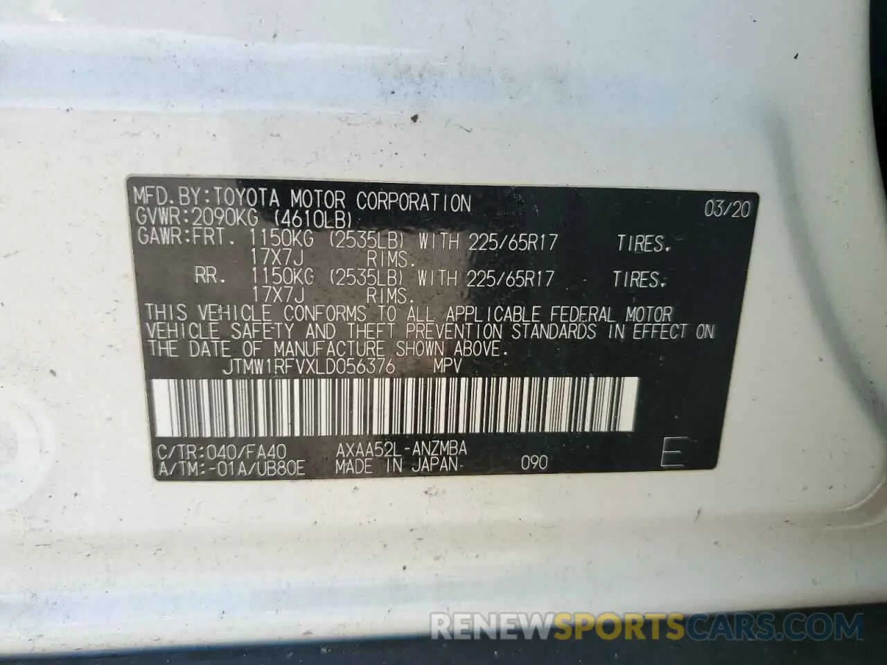 14 fotografías del automóvil dañado JTMW1RFVXLD056376 TOYOTA RAV4 2020