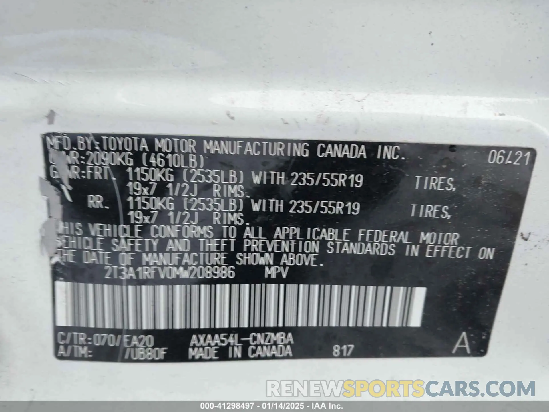 9 fotografías del automóvil dañado 2T3A1RFV0MW208986 TOYOTA RAV4 2021