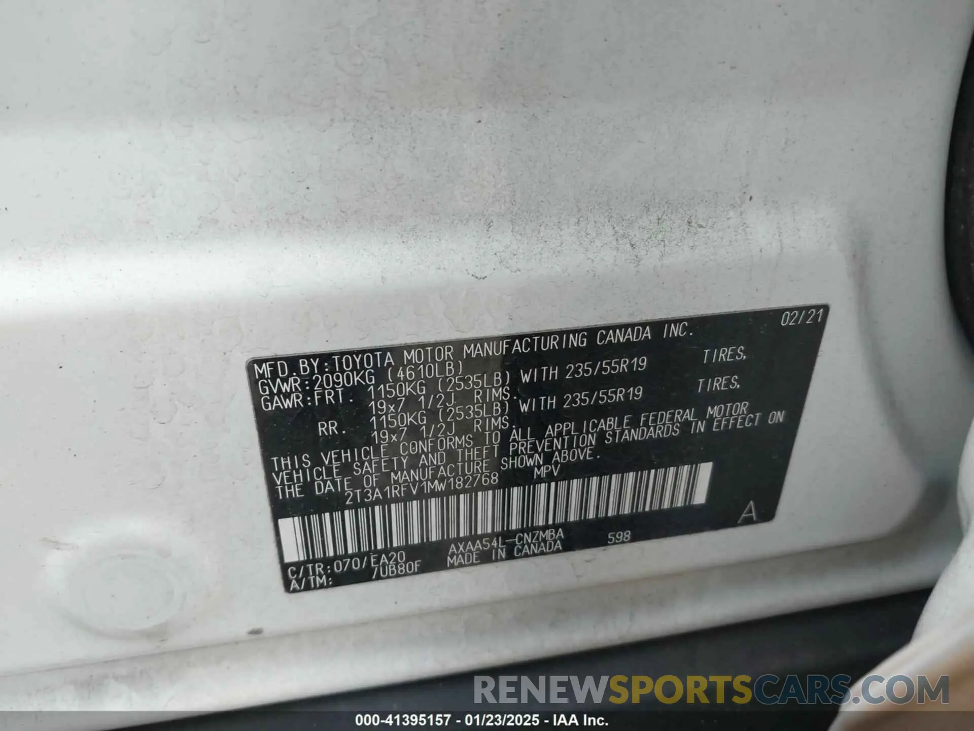 9 fotografías del automóvil dañado 2T3A1RFV1MW182768 TOYOTA RAV4 2021