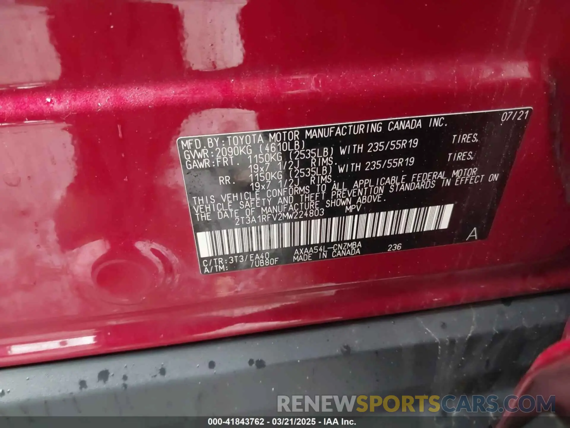 9 fotografías del automóvil dañado 2T3A1RFV2MW224803 TOYOTA RAV4 2021