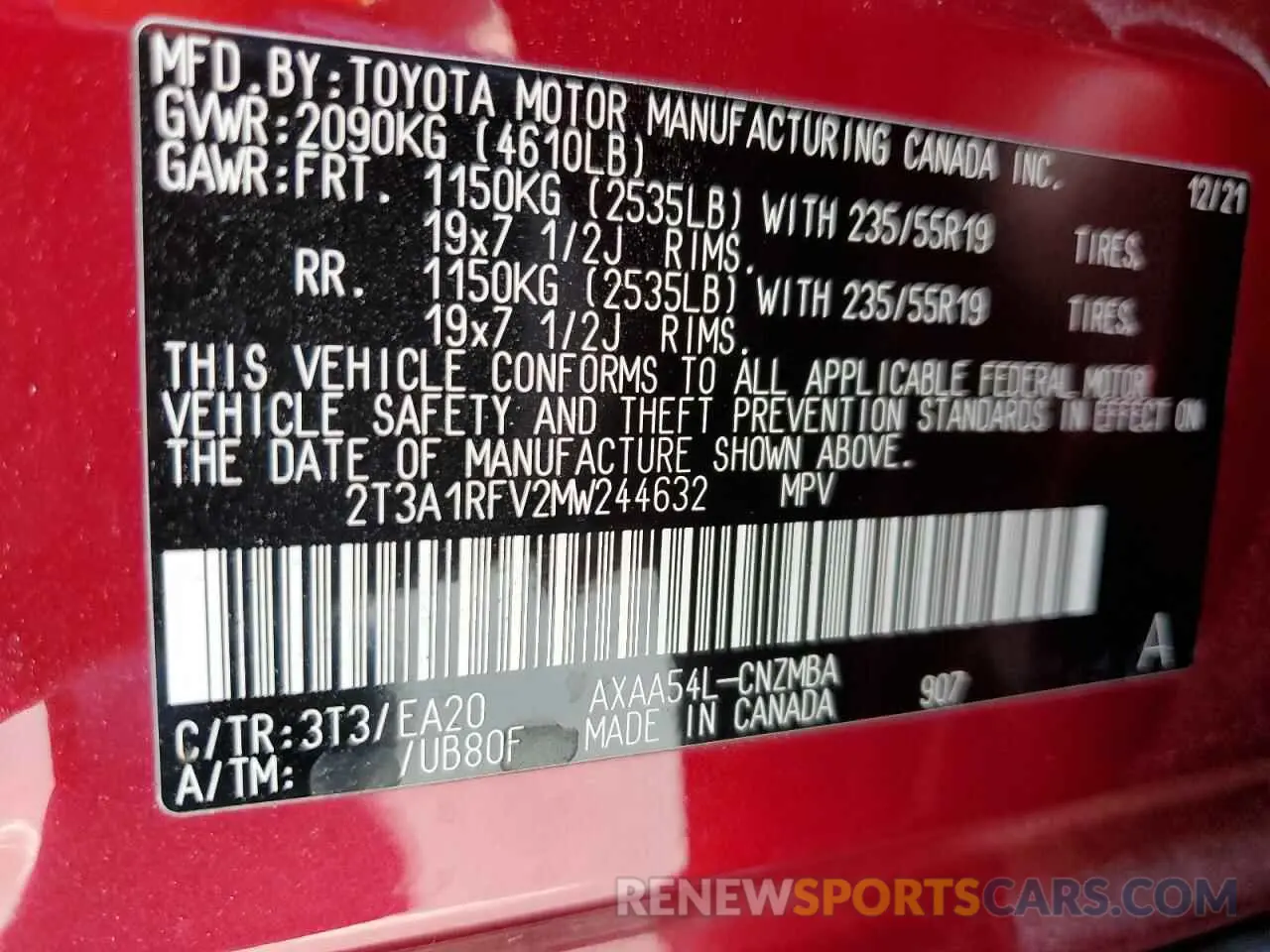 13 fotografías del automóvil dañado 2T3A1RFV2MW244632 TOYOTA RAV4 2021