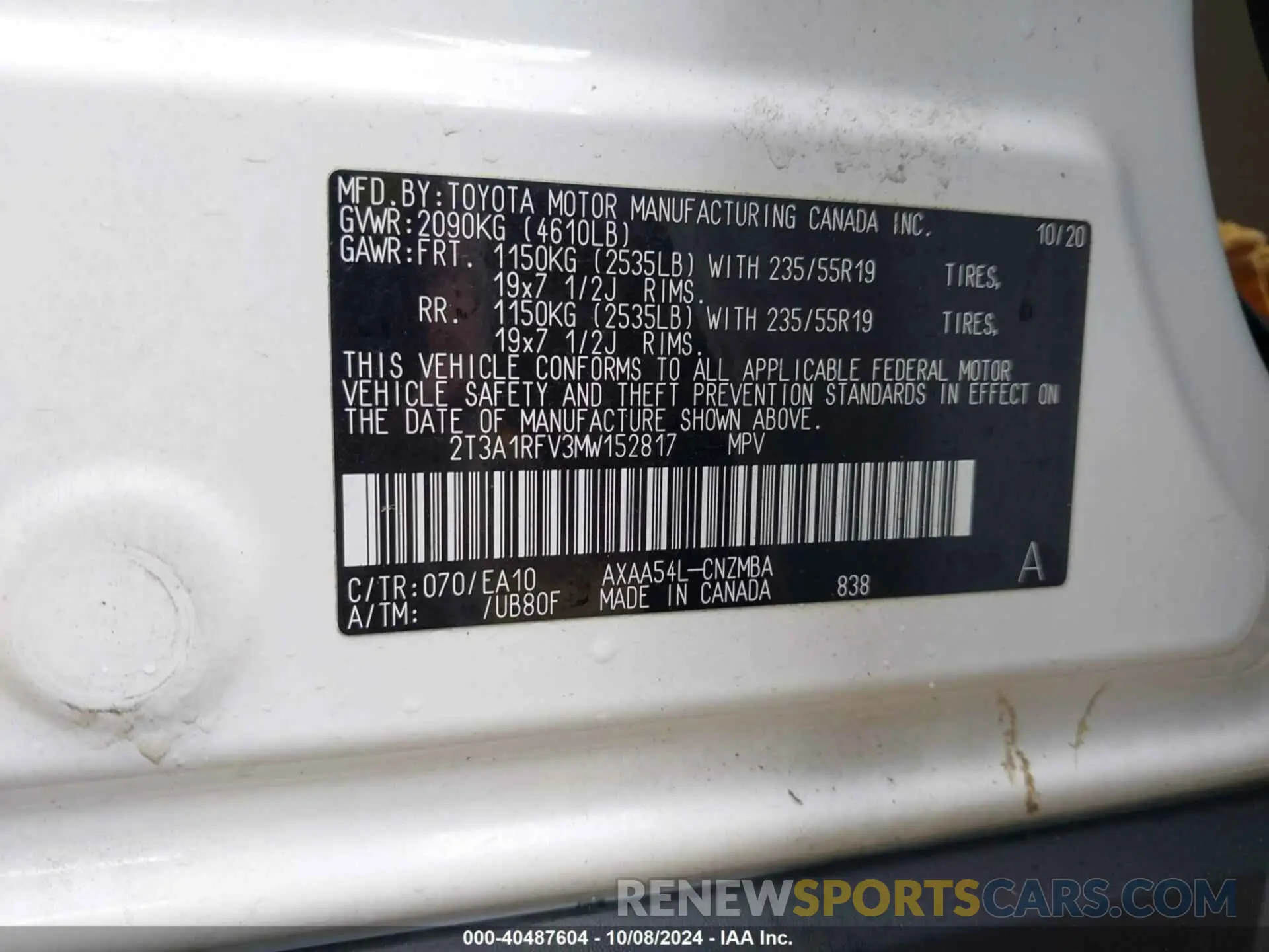 9 fotografías del automóvil dañado 2T3A1RFV3MW152817 TOYOTA RAV4 2021
