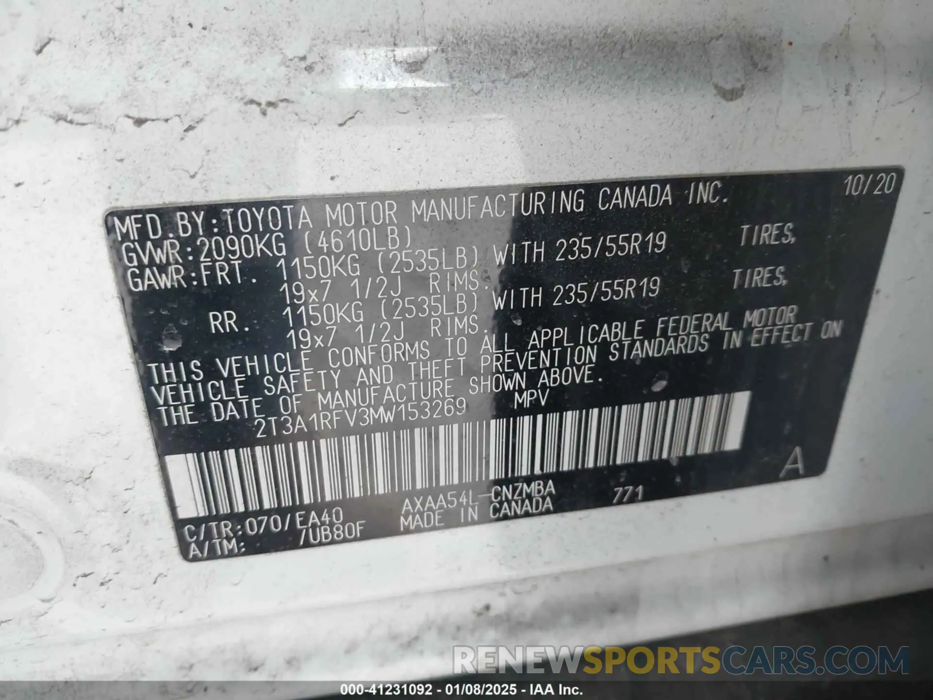 9 fotografías del automóvil dañado 2T3A1RFV3MW153269 TOYOTA RAV4 2021