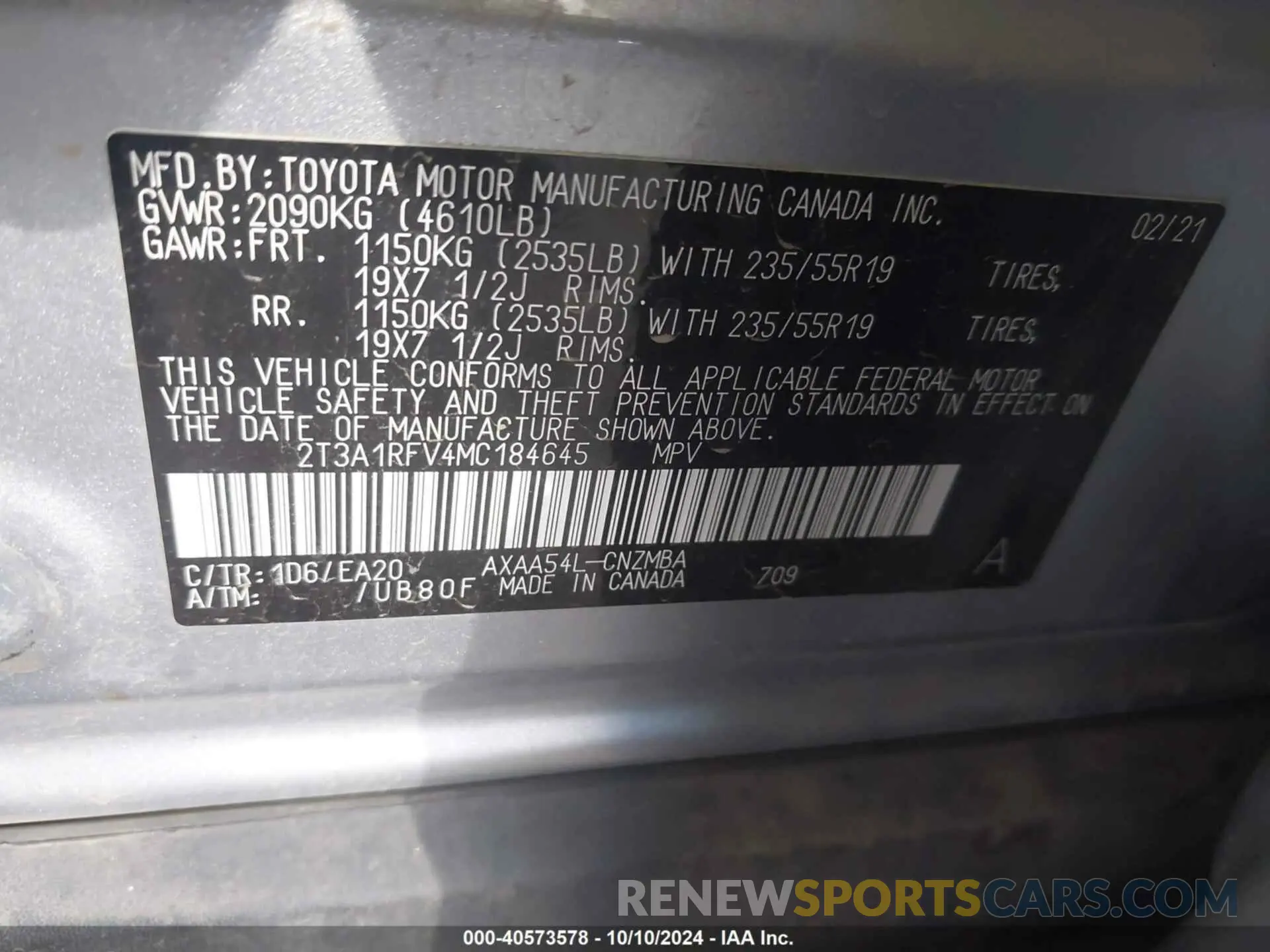 9 fotografías del automóvil dañado 2T3A1RFV4MC184645 TOYOTA RAV4 2021