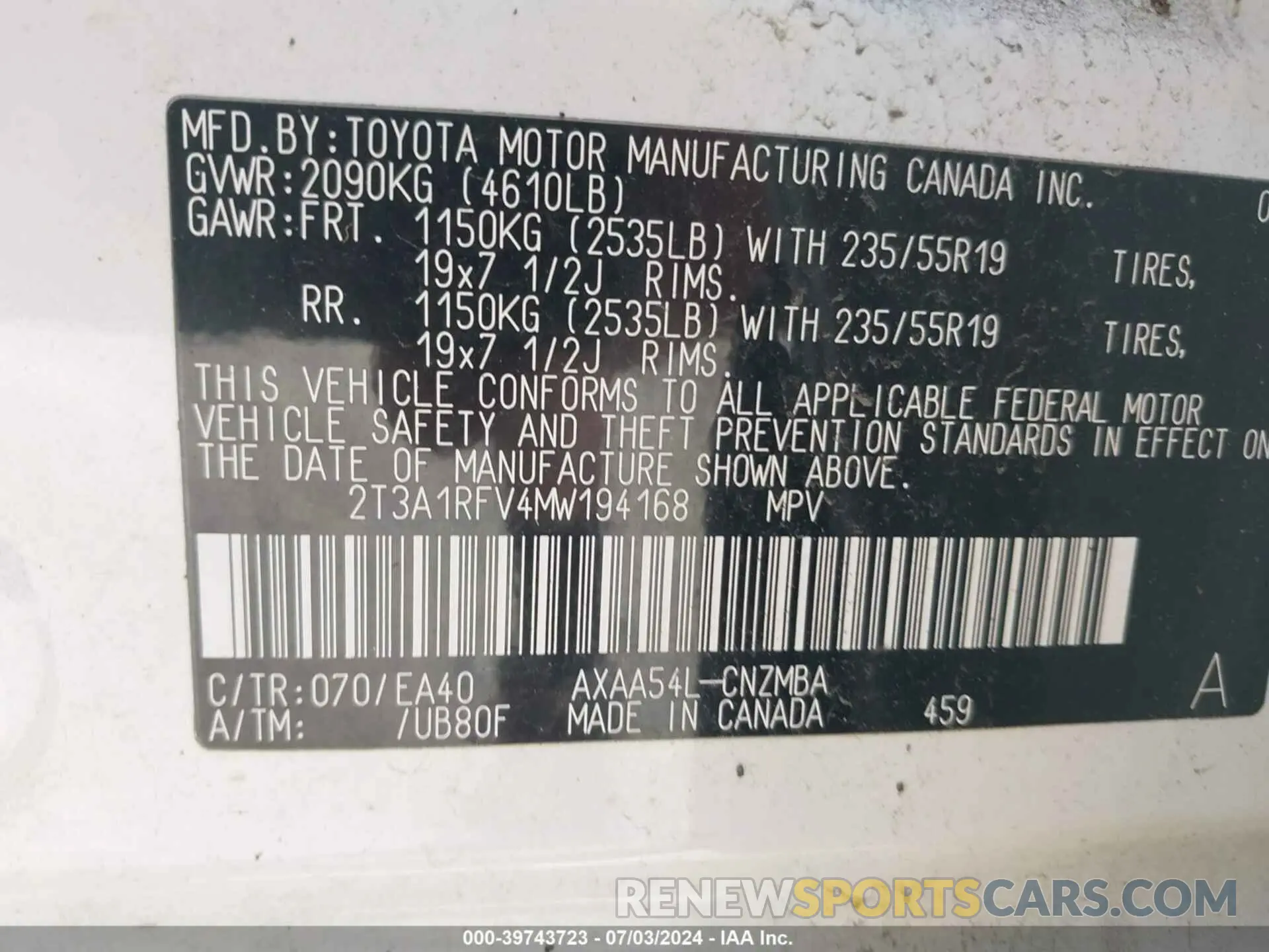9 fotografías del automóvil dañado 2T3A1RFV4MW194168 TOYOTA RAV4 2021