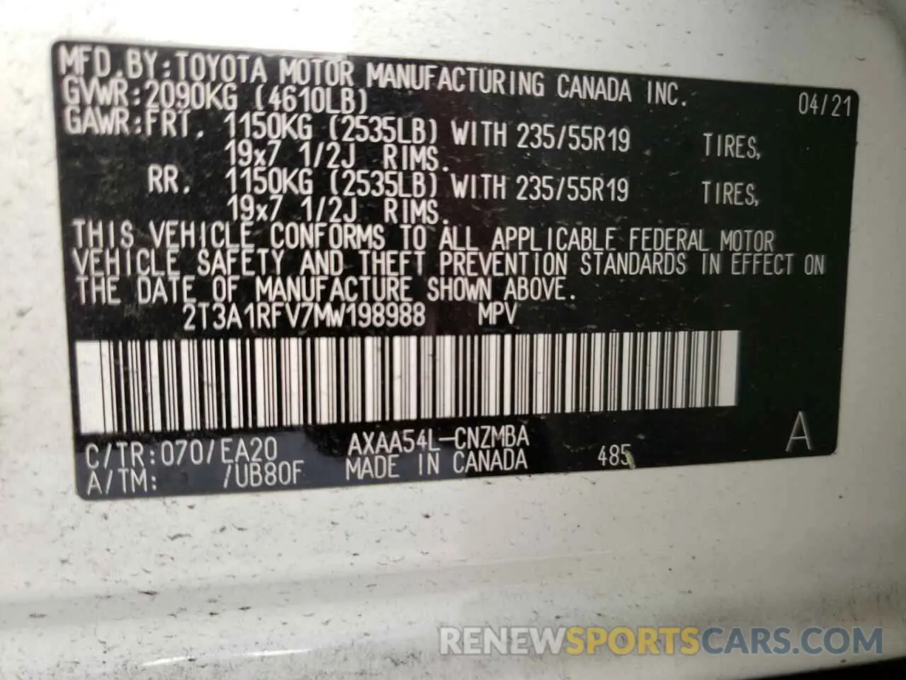 10 fotografías del automóvil dañado 2T3A1RFV7MW198988 TOYOTA RAV4 2021
