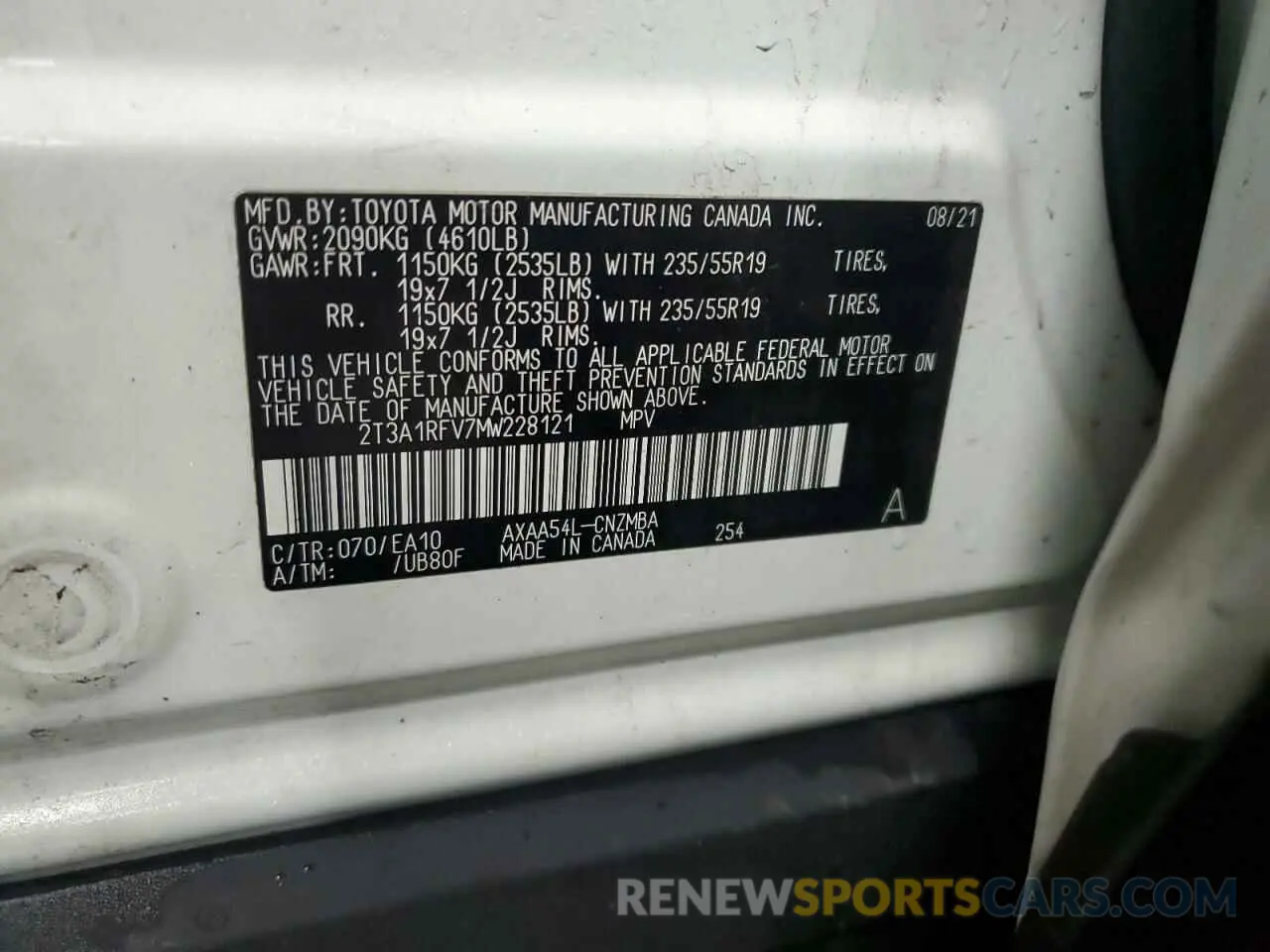 14 fotografías del automóvil dañado 2T3A1RFV7MW228121 TOYOTA RAV4 2021