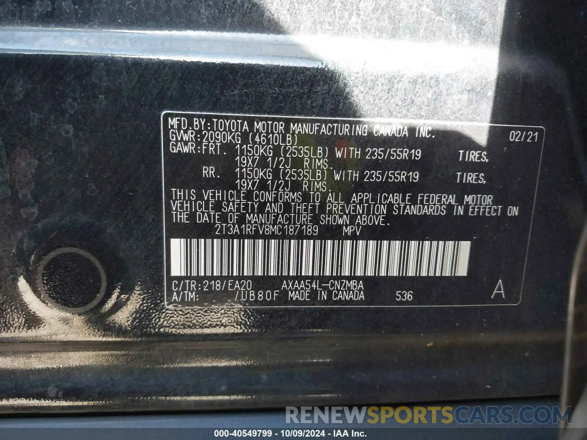9 fotografías del automóvil dañado 2T3A1RFV8MC187189 TOYOTA RAV4 2021