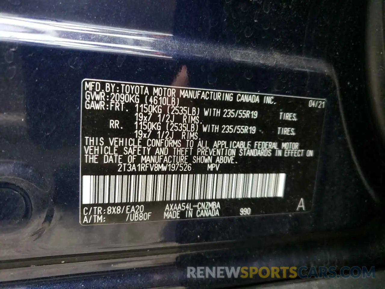 10 fotografías del automóvil dañado 2T3A1RFV8MW197526 TOYOTA RAV4 2021