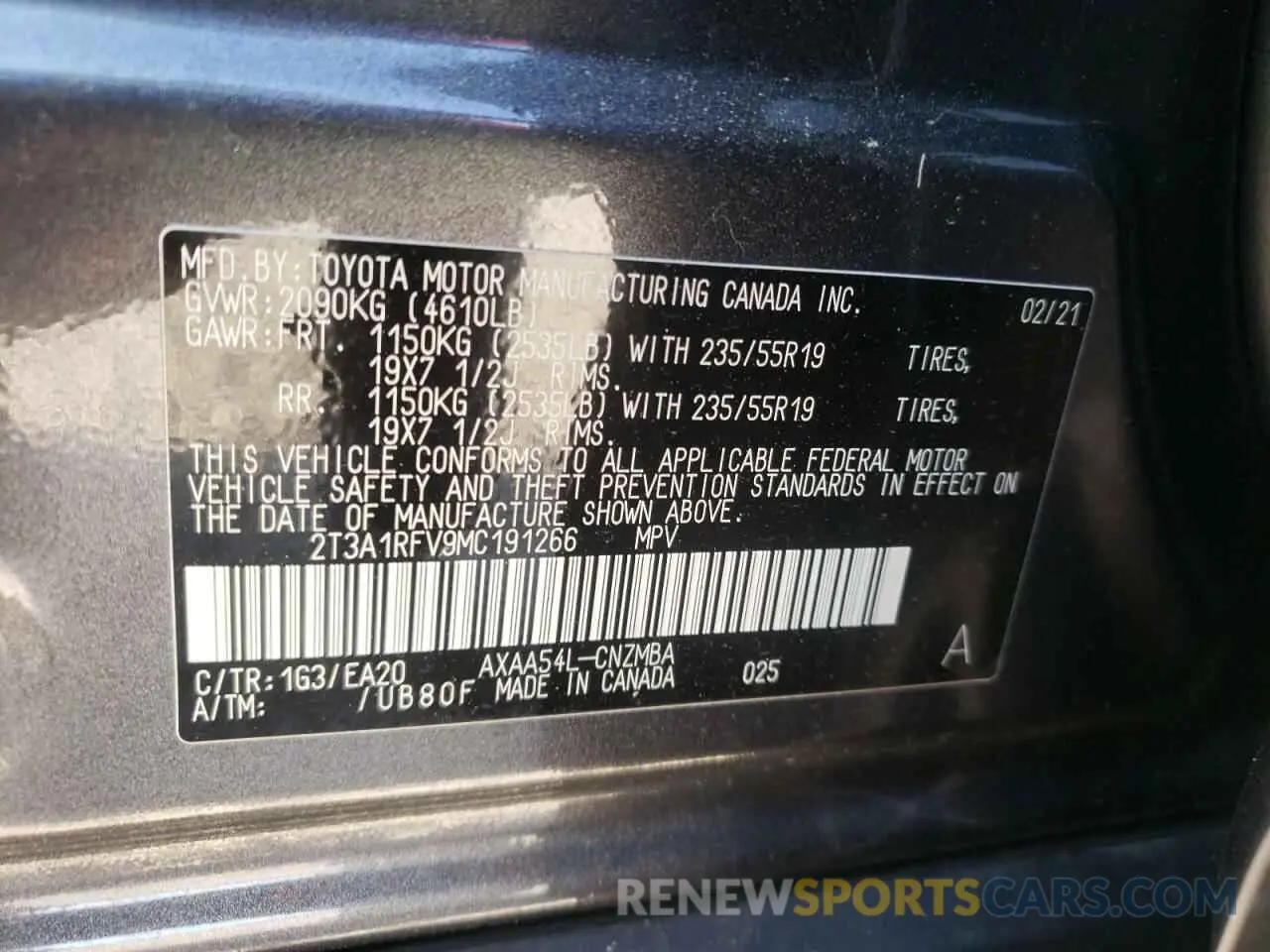 10 fotografías del automóvil dañado 2T3A1RFV9MC191266 TOYOTA RAV4 2021