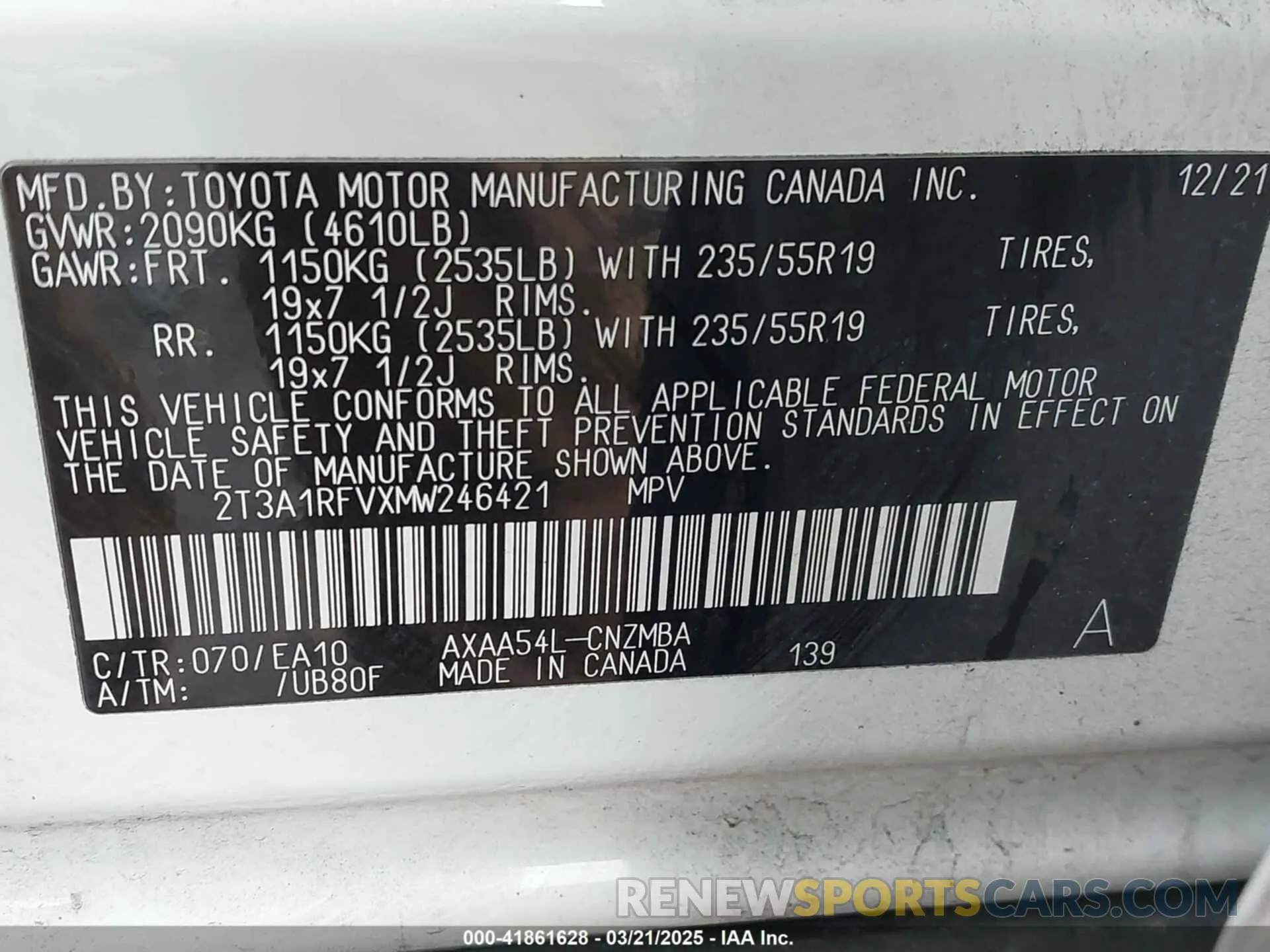 9 fotografías del automóvil dañado 2T3A1RFVXMW246421 TOYOTA RAV4 2021